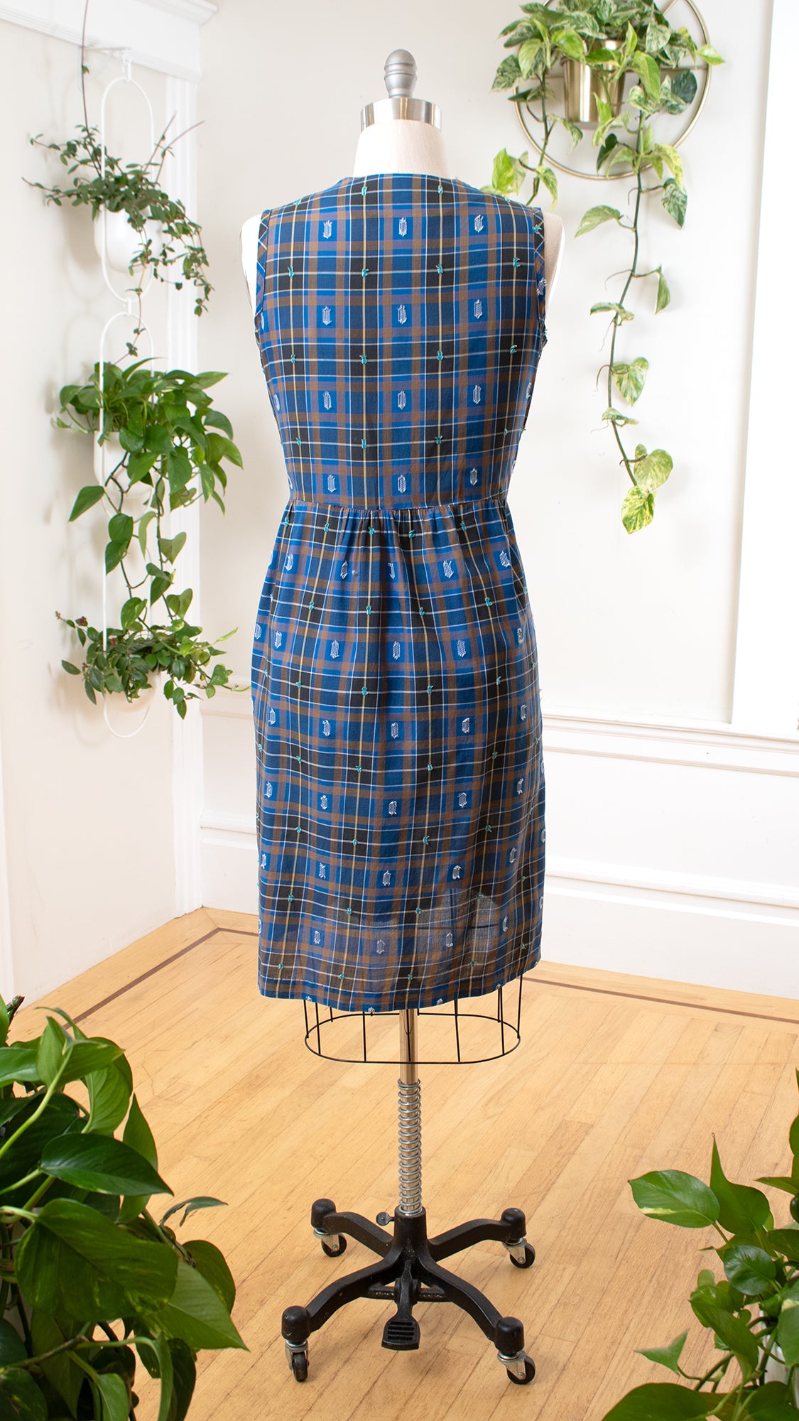 1950s Blue Plaid Cotton Sundress | x-large