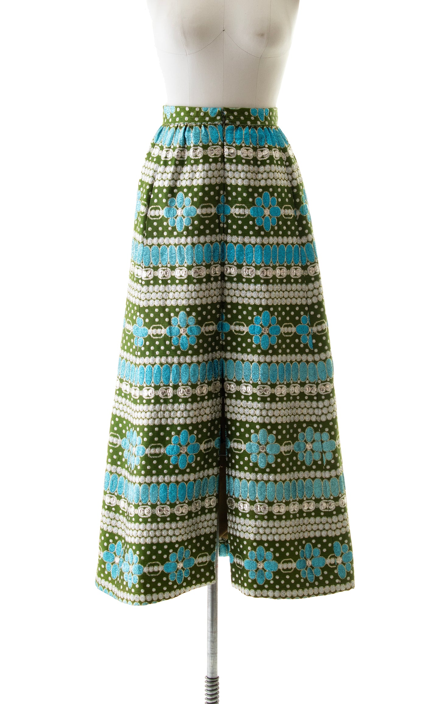 1960s Metallic Floral Striped Maxi Skirt | small