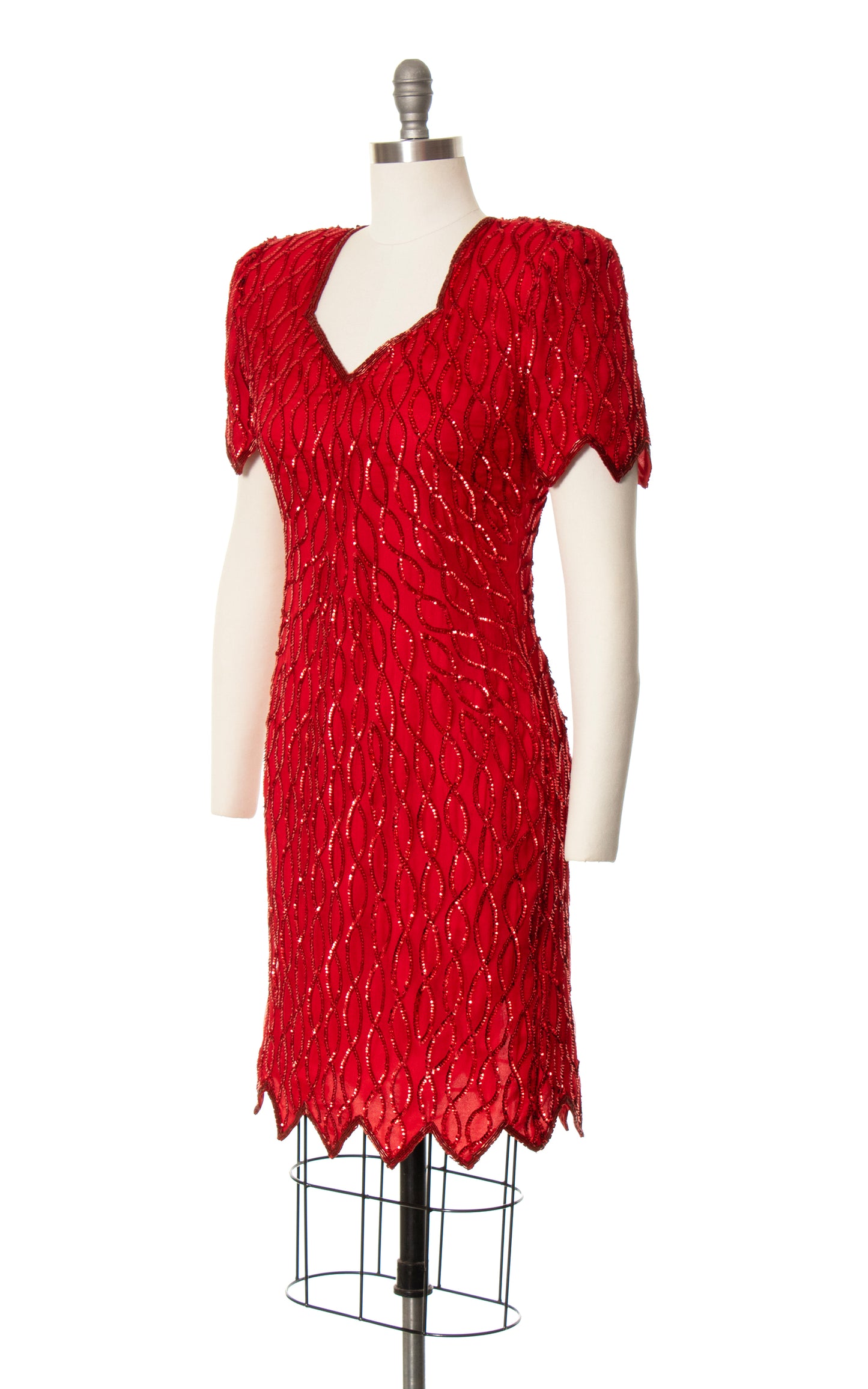 1980s Red Silk Sequin Beaded Party Dress | small