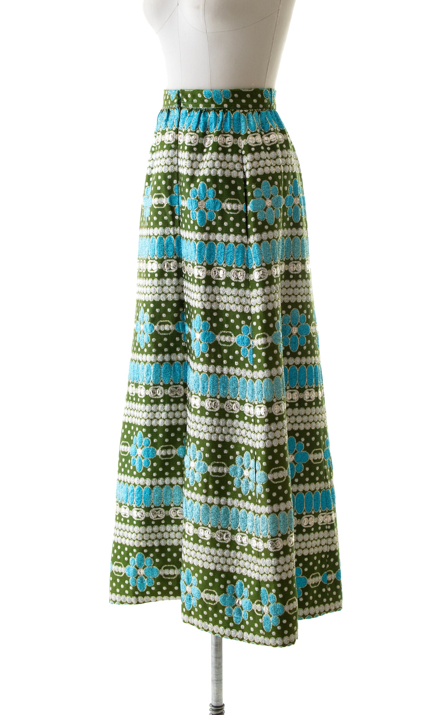 1960s Metallic Floral Striped Maxi Skirt | small
