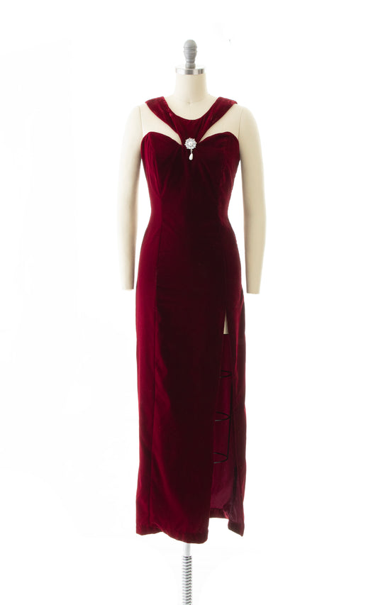 1990s Burgundy Velvet High Slit Gown | x-small