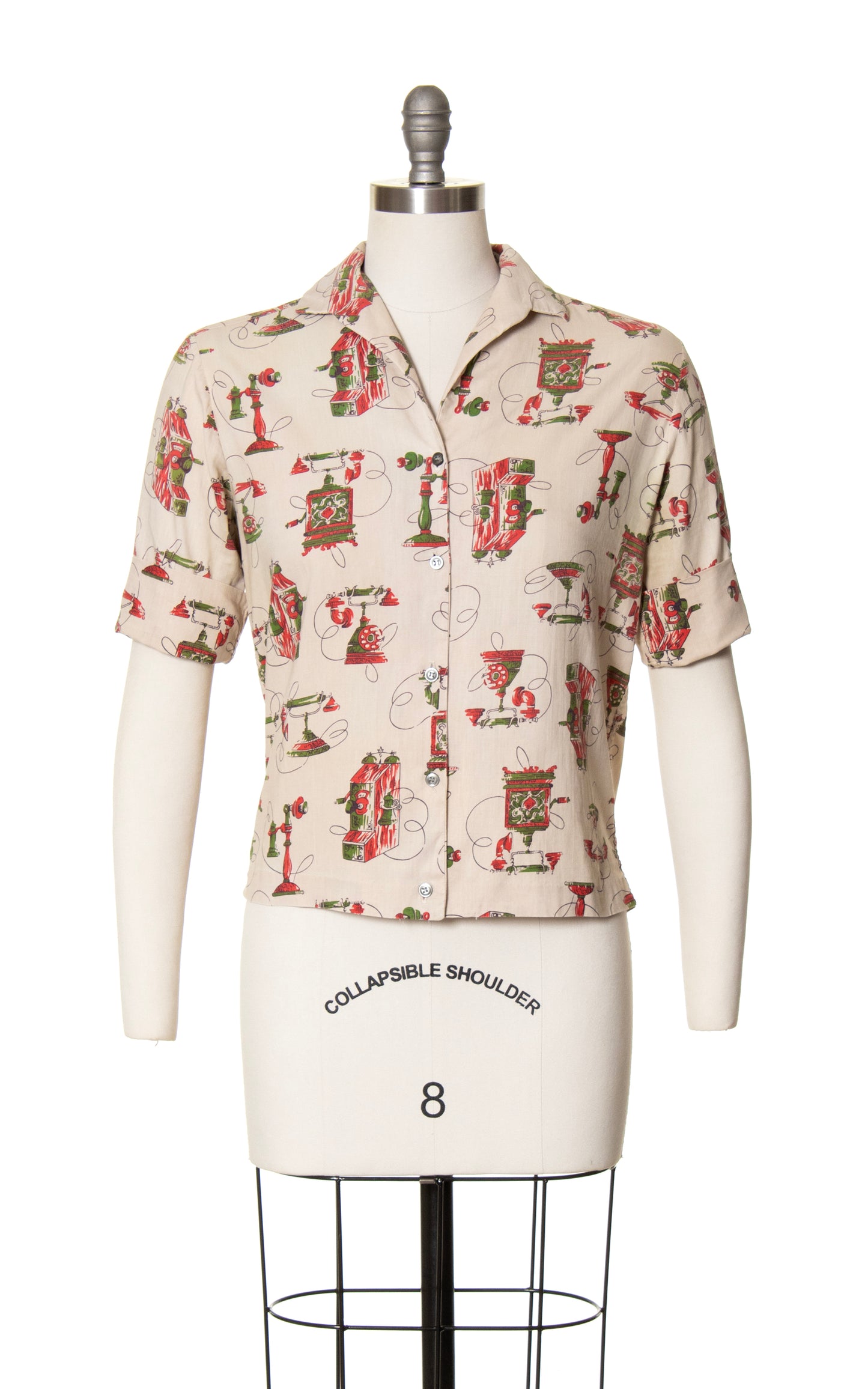 1950s Antique Telephones Novelty Print Blouse | medium