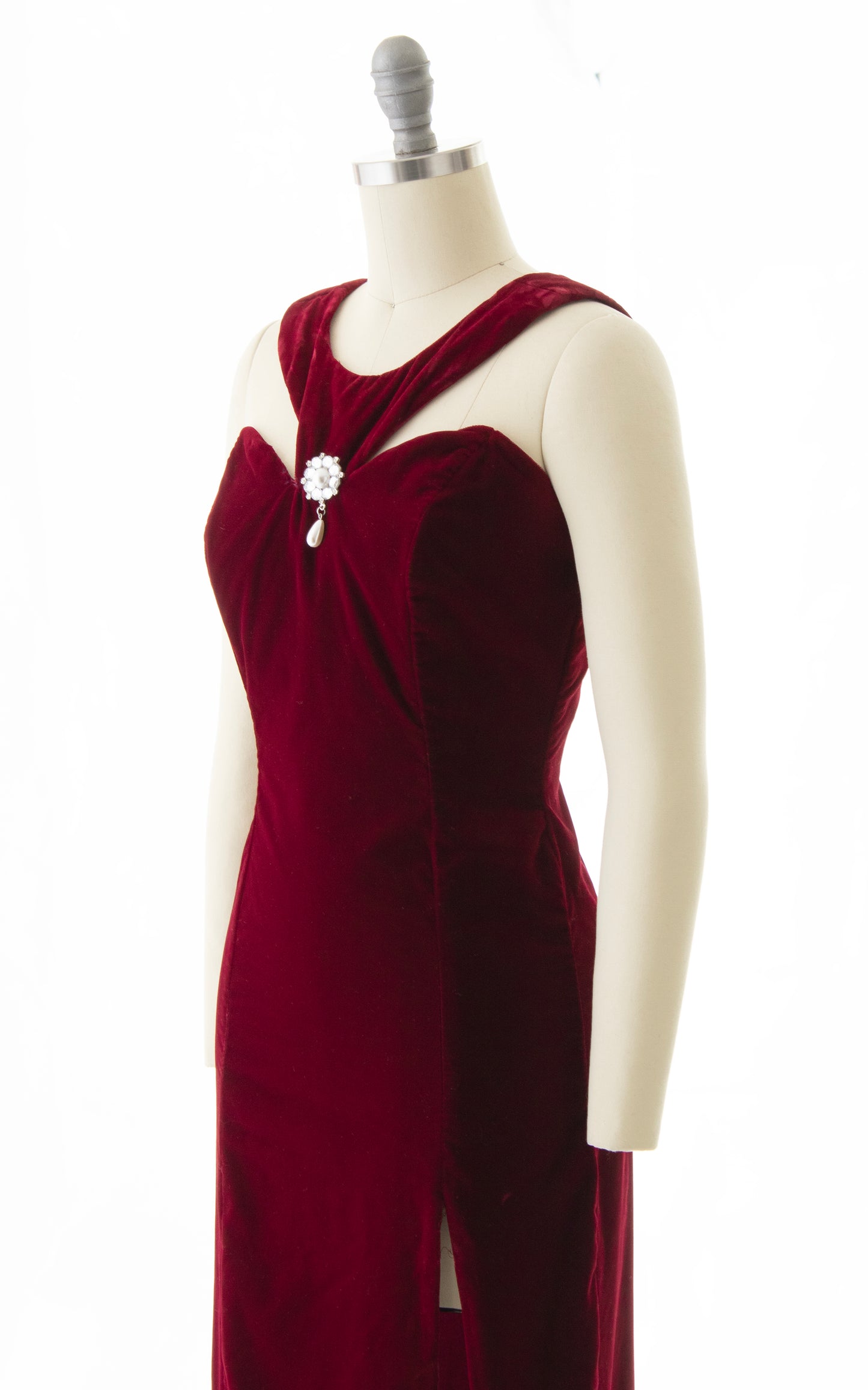 1990s Burgundy Velvet High Slit Gown | x-small