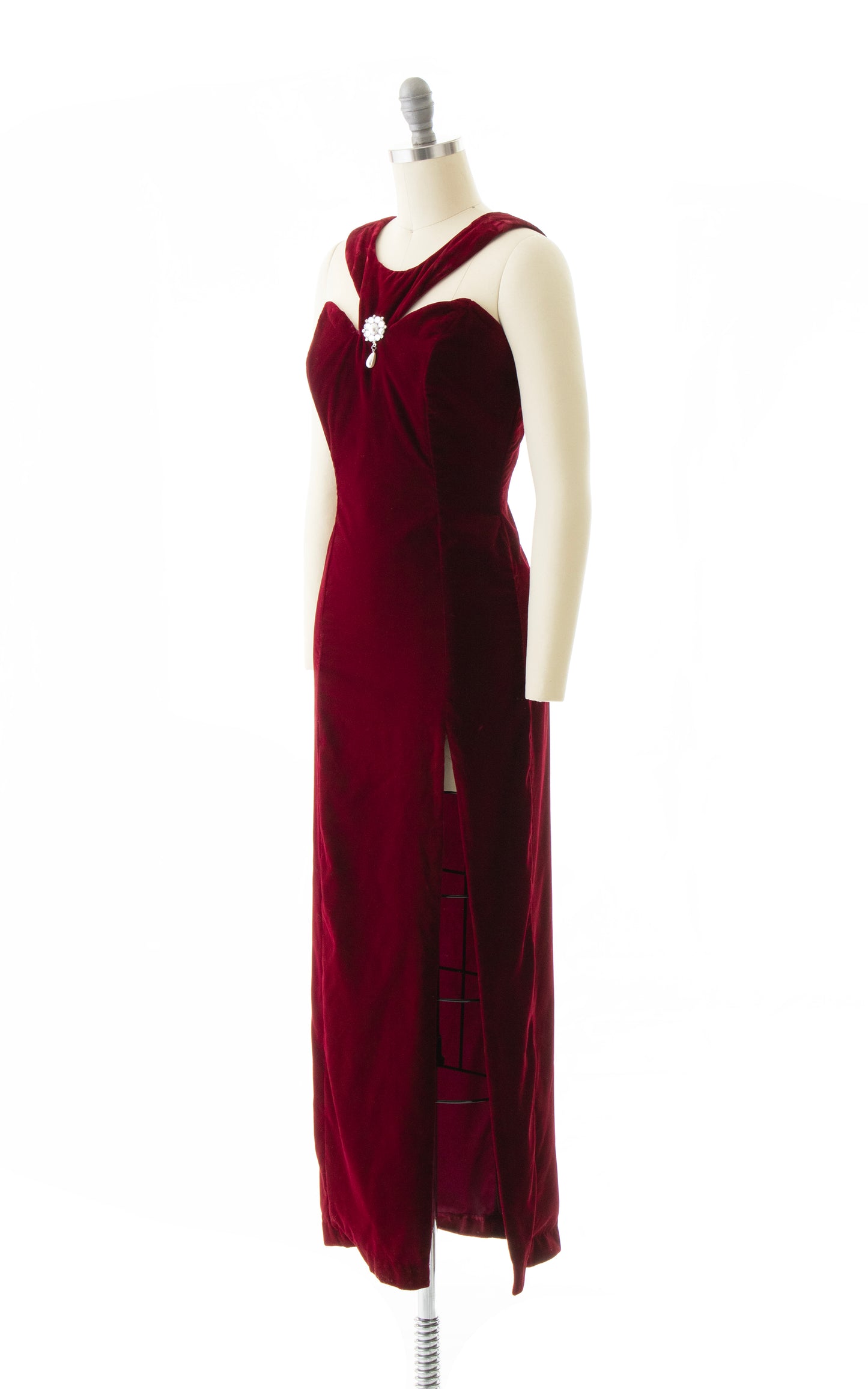 1990s Burgundy Velvet High Slit Gown | x-small