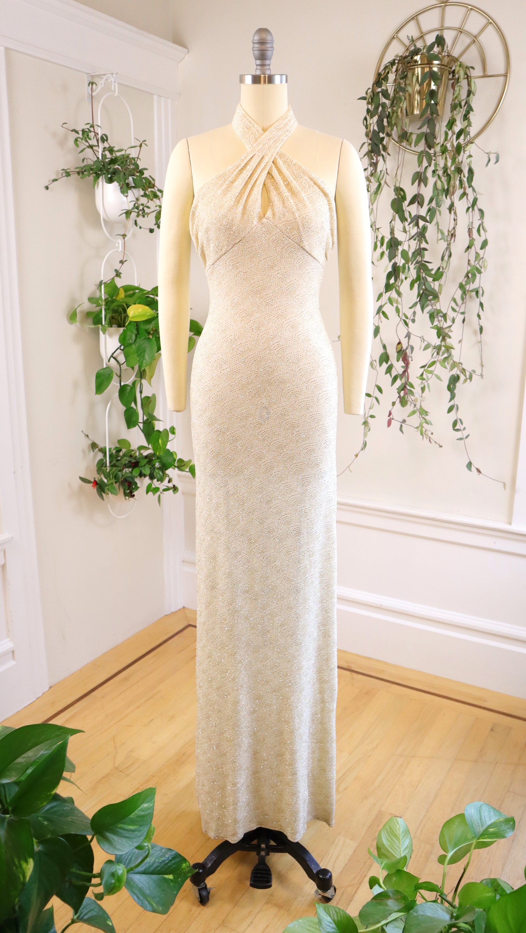 1990s Glitter Criss-Cross Neck Stretchy Party Dress | x-small/small Birthday Life Vintage 1990s Glitter Criss-Cross Neck Stretchy Party Dress | x-small/small Birthday Life Vintage