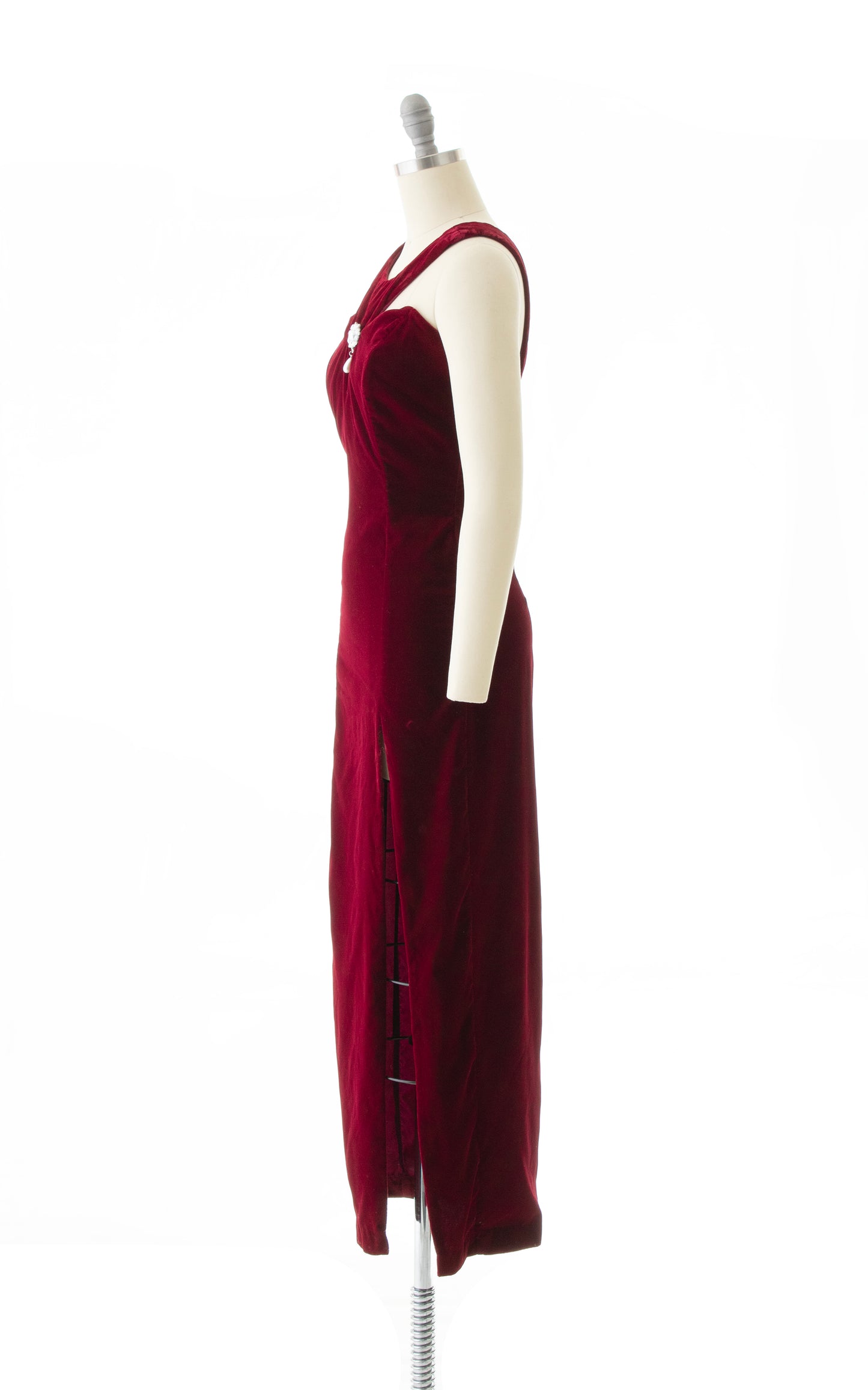 1990s Burgundy Velvet High Slit Gown | x-small