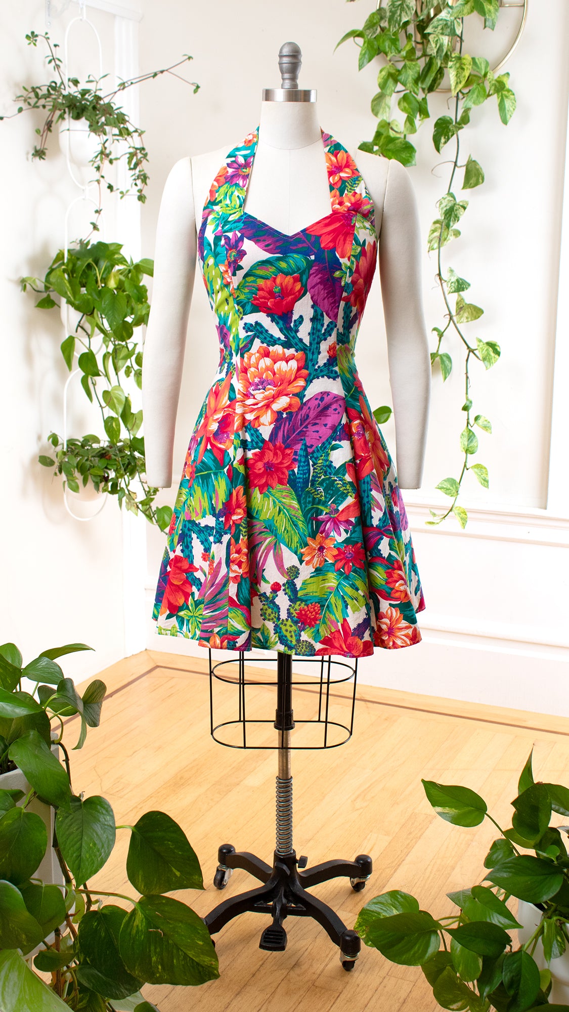 1990s Floral Cactus Halter Dress | medium