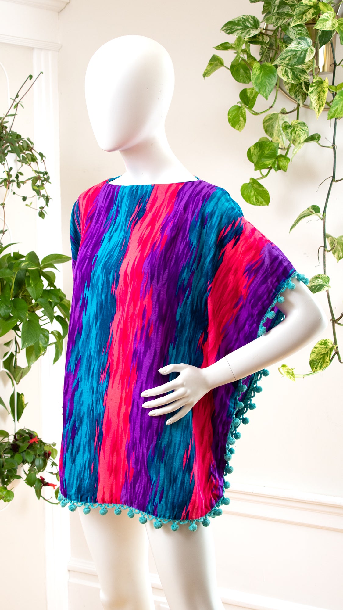 1960s 1970s Psychedelic Barkcloth & Dingle Balls Mini Kaftan | xs-large
