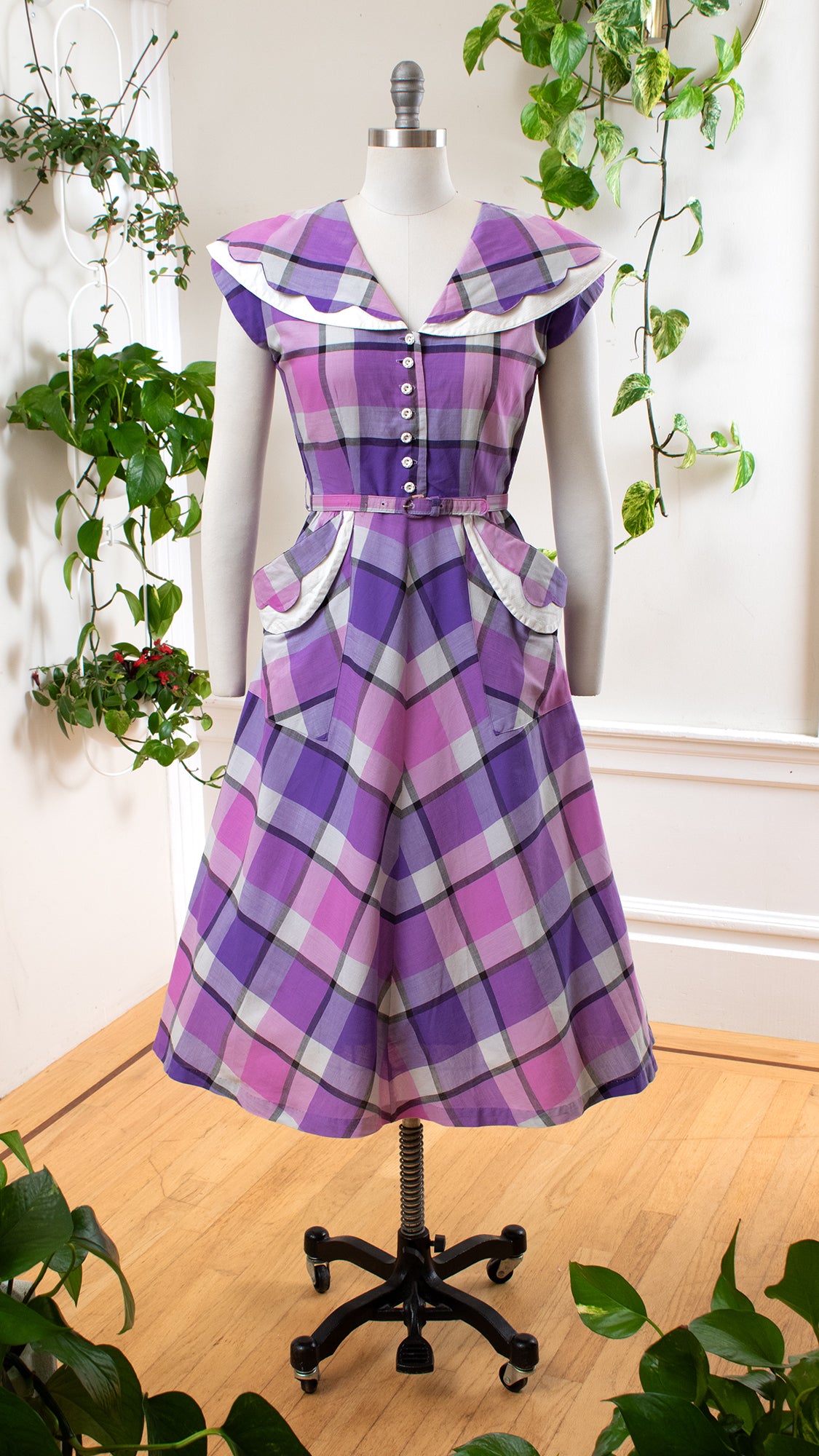 1940s 1950s Purple Plaid Shirtwaist Dress | small Birthday Life Vintage 1940s 1950s Purple Plaid Shirtwaist Dress | small Birthday Life Vintage