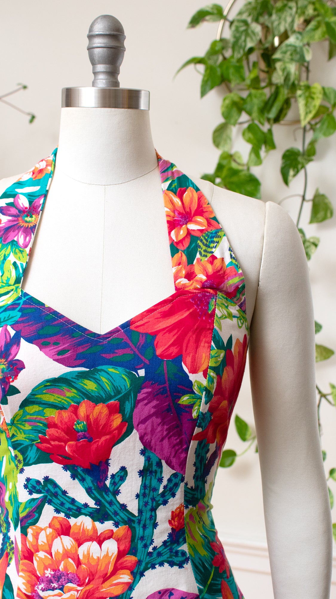1990s Floral Cactus Halter Dress | medium