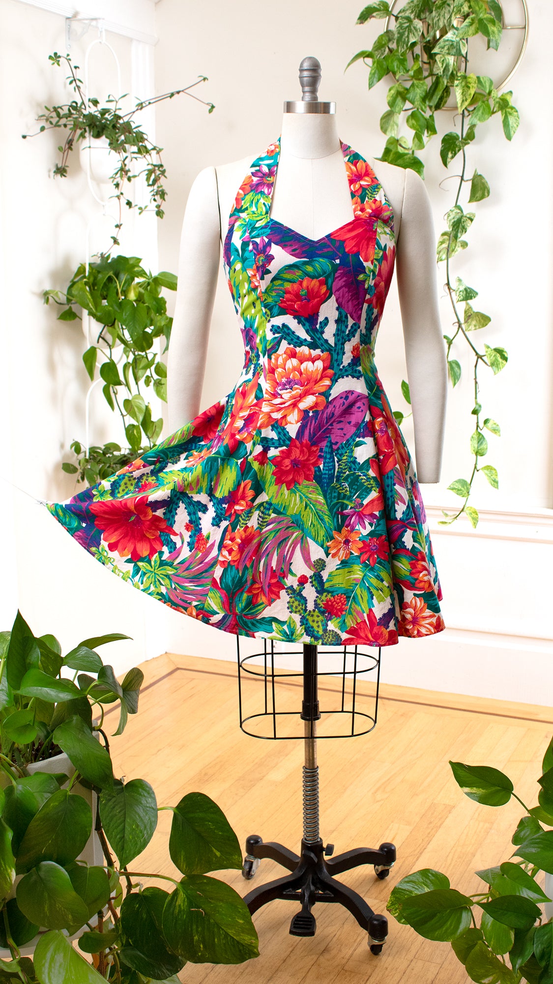 1990s Floral Cactus Halter Dress | medium