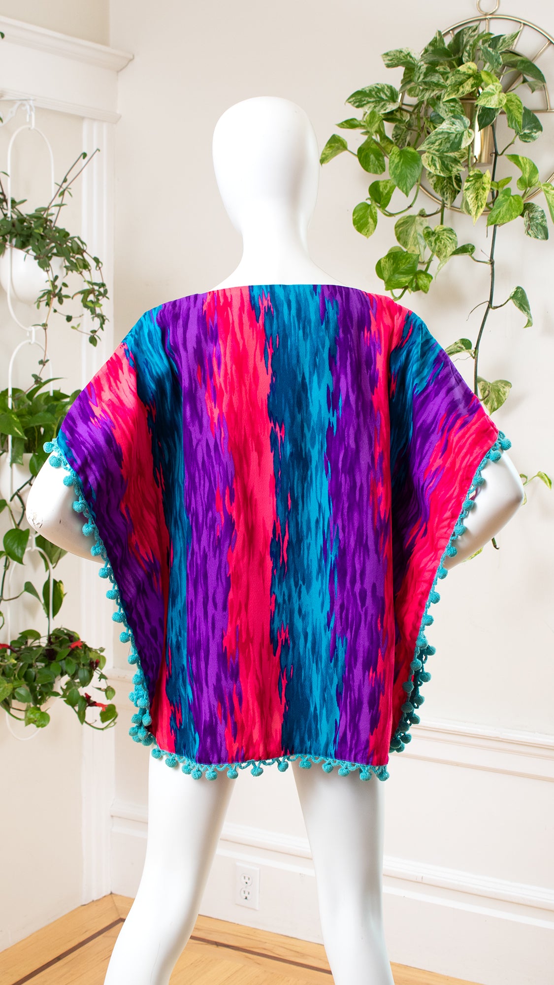1960s 1970s Psychedelic Barkcloth & Dingle Balls Mini Kaftan | xs-large