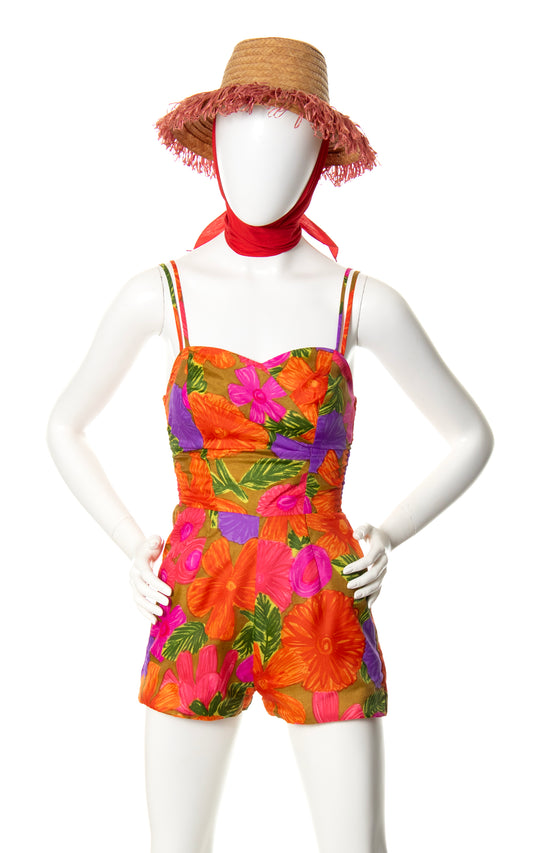 1960s Hawaiian Floral Shirred Romper | x-small/small