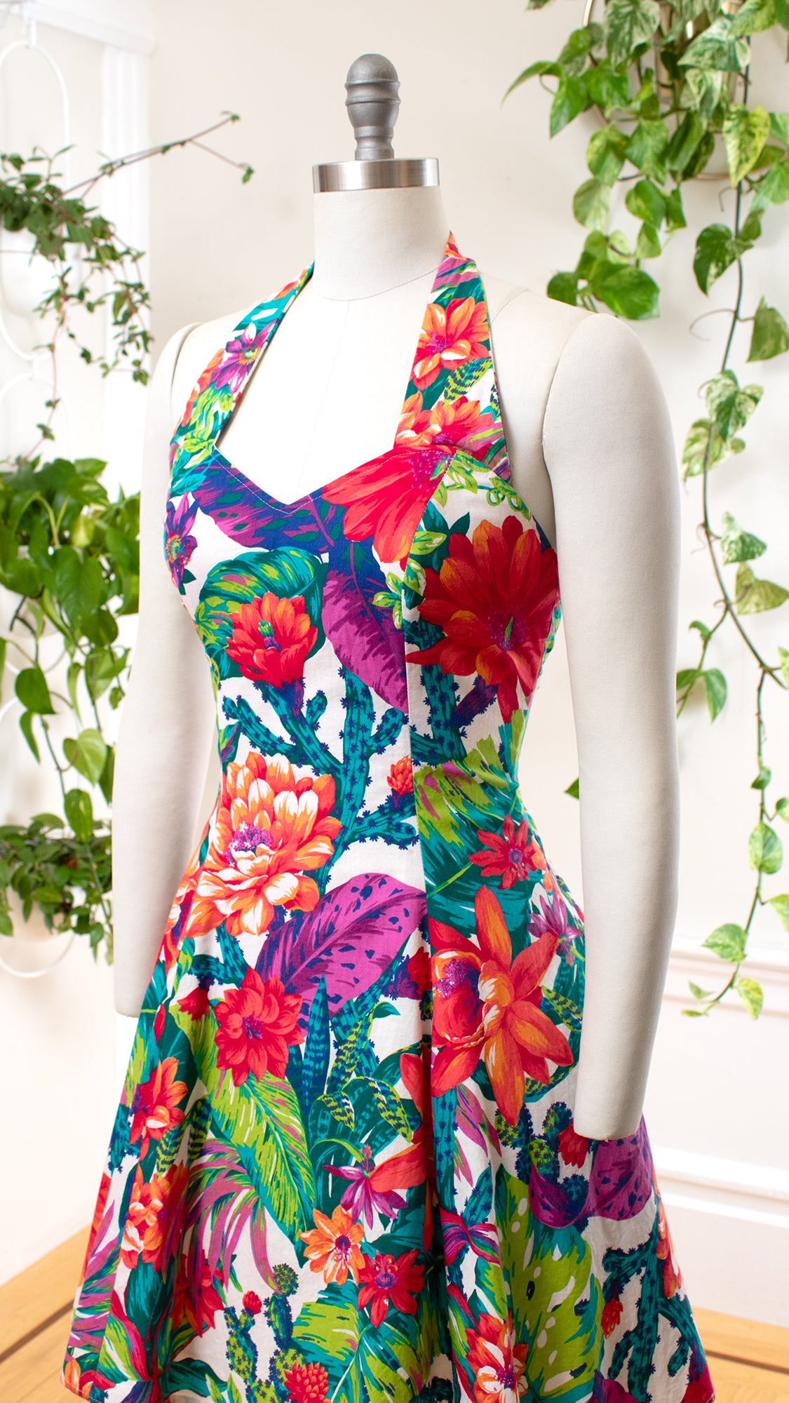 1990s Floral Cactus Halter Dress | medium