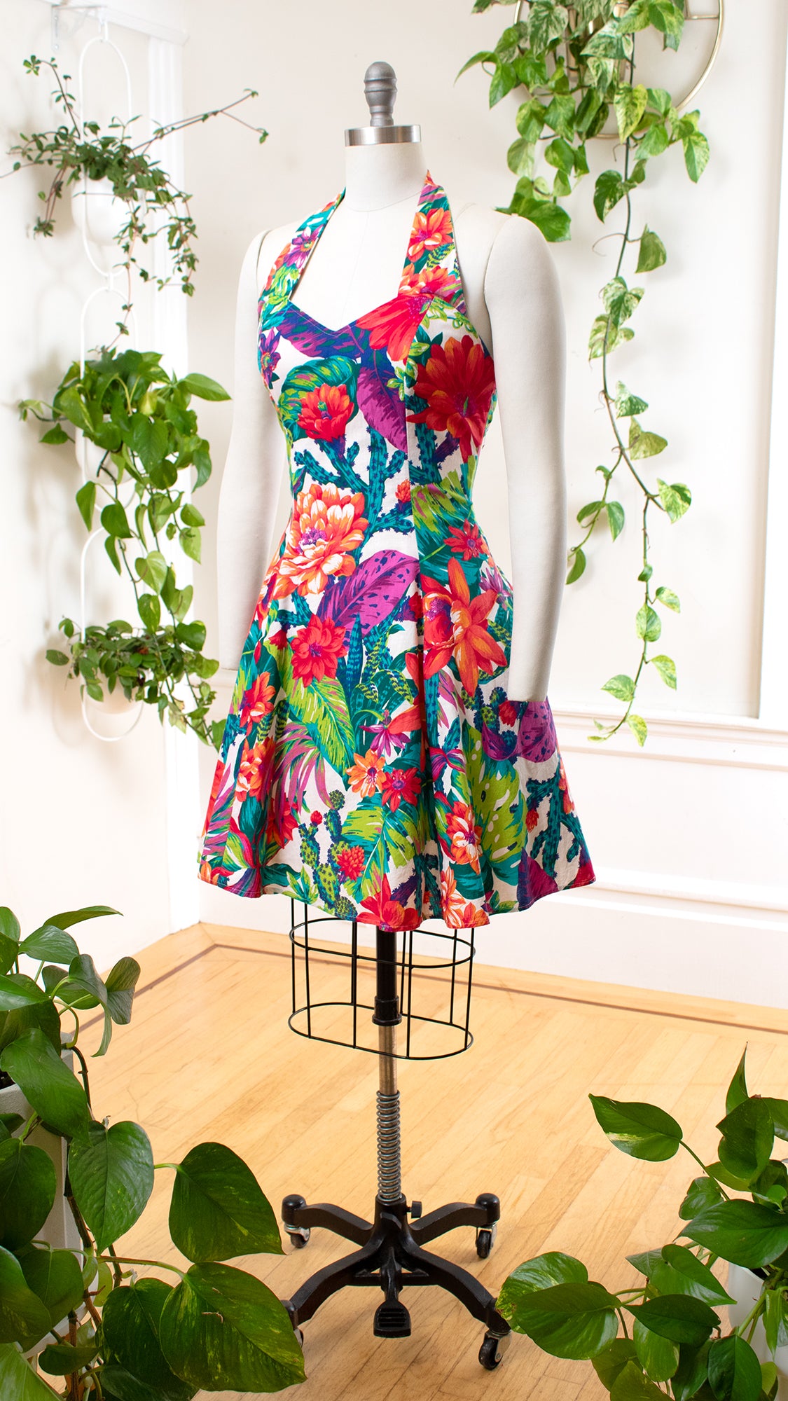 1990s Floral Cactus Halter Dress | medium