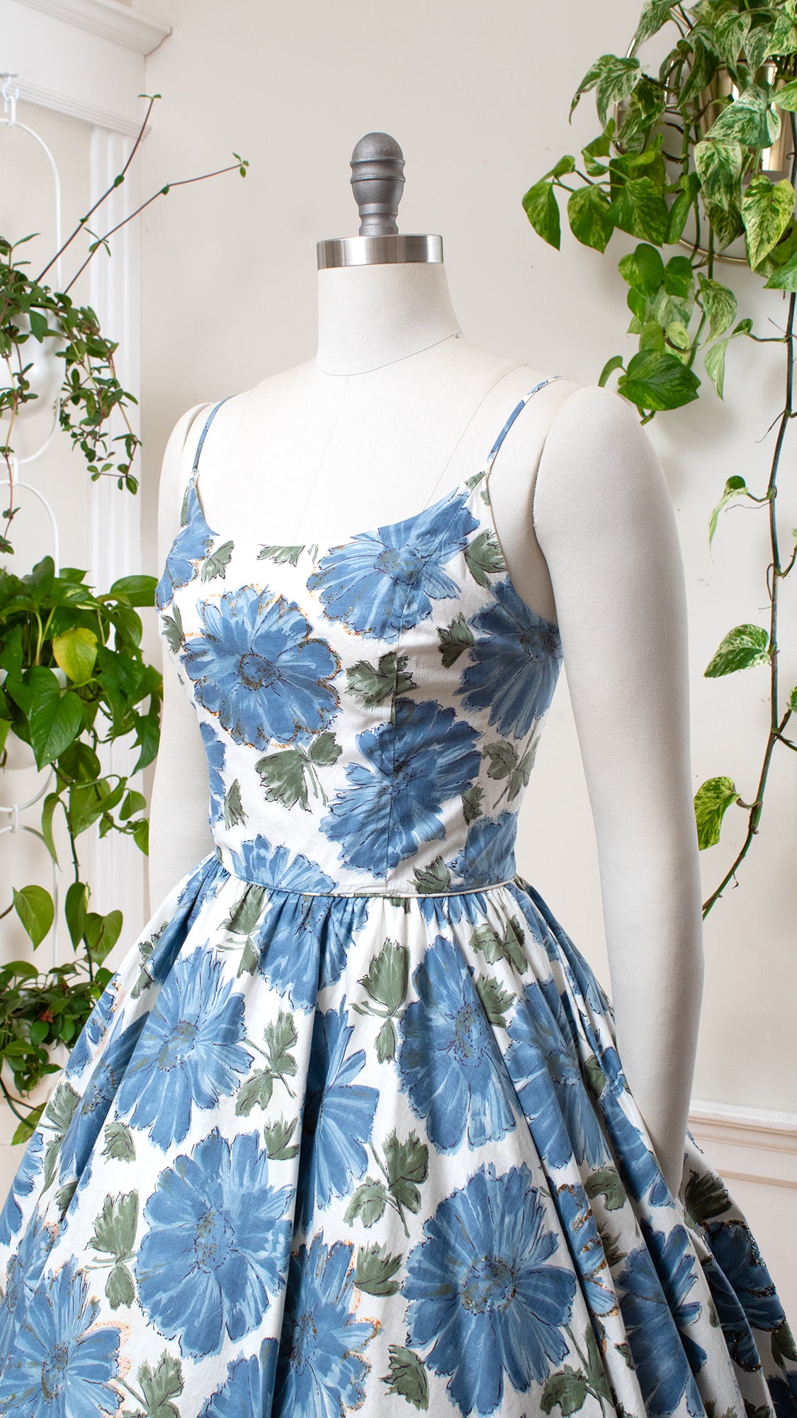 1950s Blue Floral Circle Skirt Sundress | small