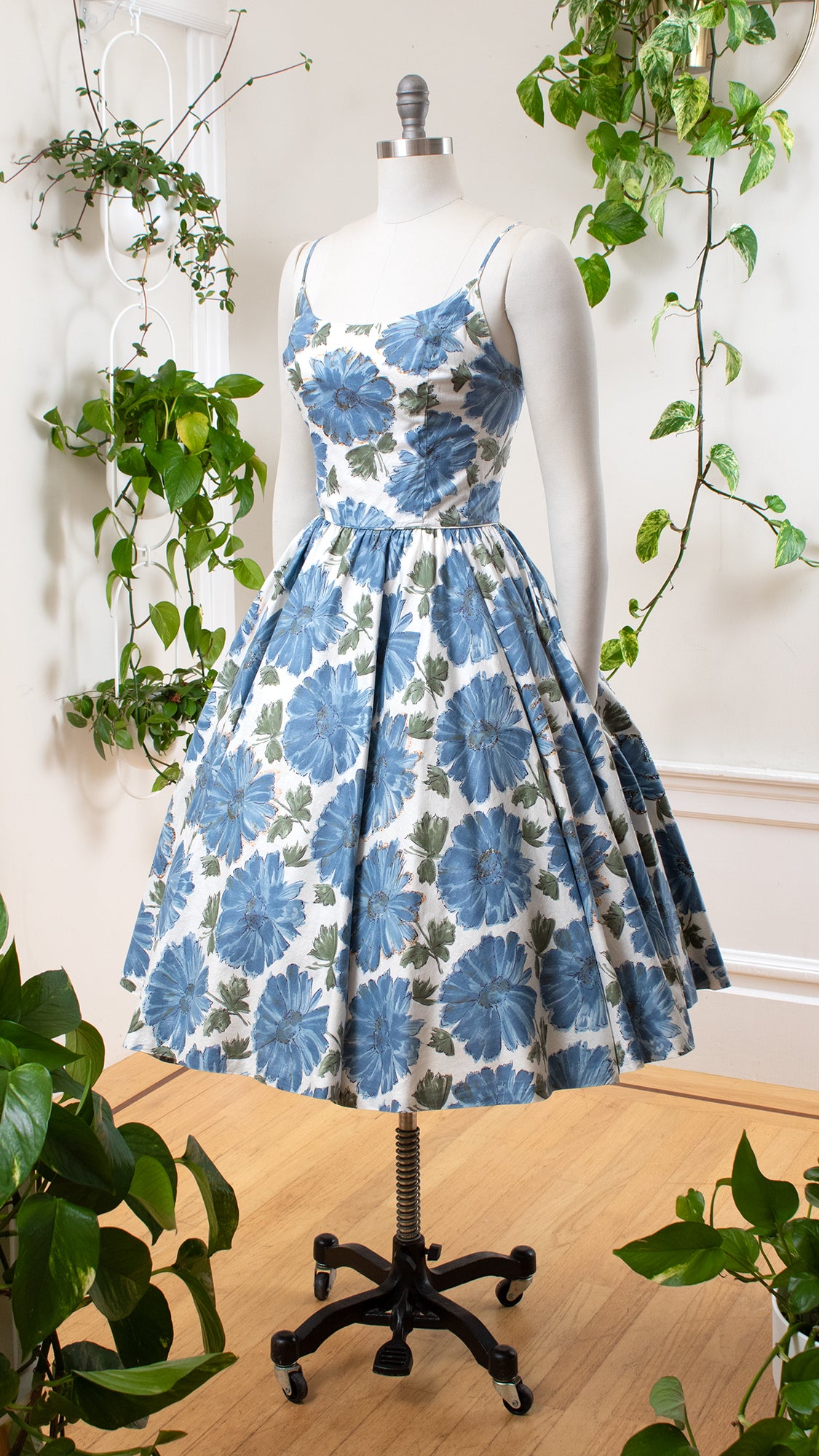 1950s Blue Floral Circle Skirt Sundress | small