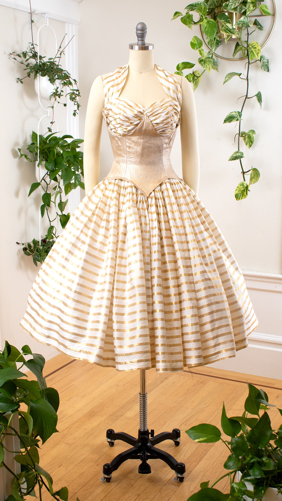 1950s Gold Lam Striped Halter Gown | x-small Birthday Life Vintage 1950s Gold Lam Striped Halter Gown | x-small Birthday Life Vintage