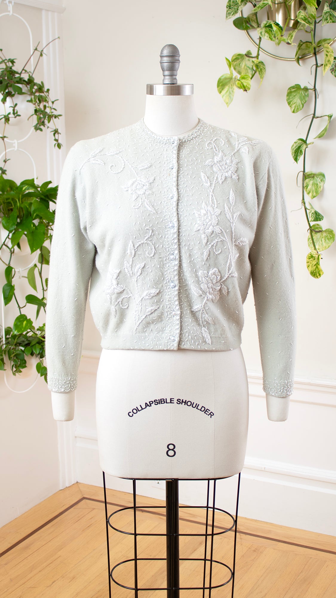 1950s Beaded Light Blue Wool Cardigan | medium/large