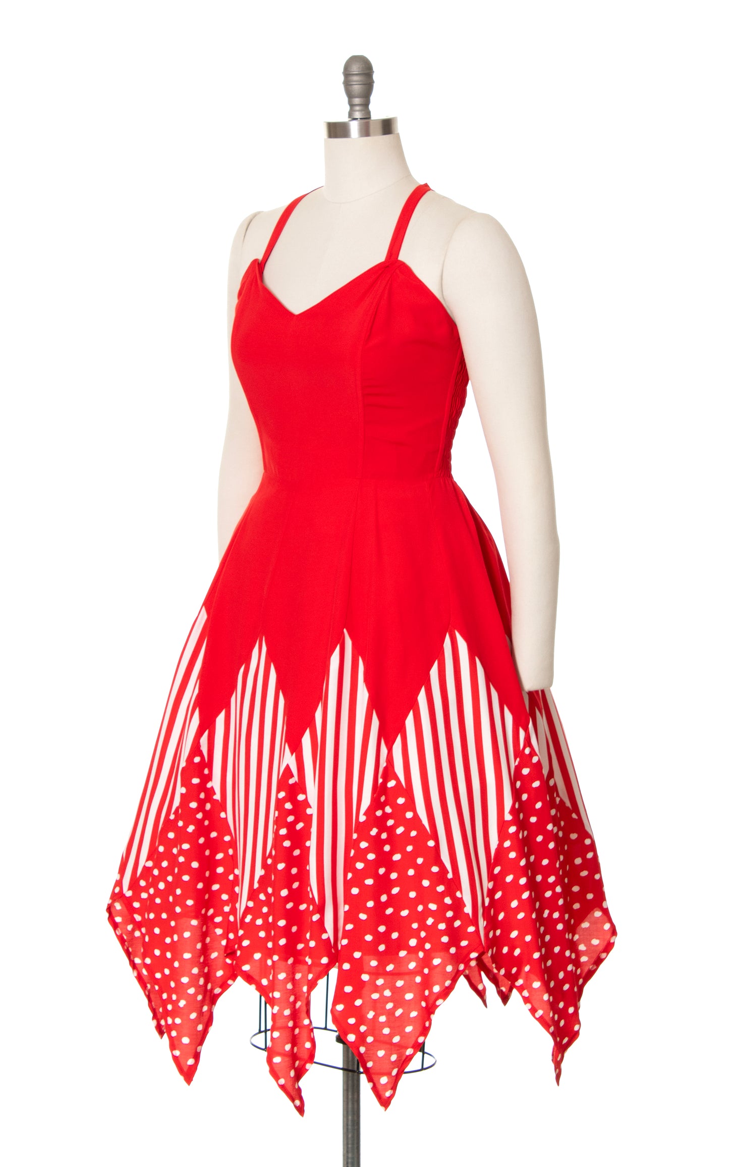 1970s Red Polka Dot Striped Handkerchief Dress | medium/large
