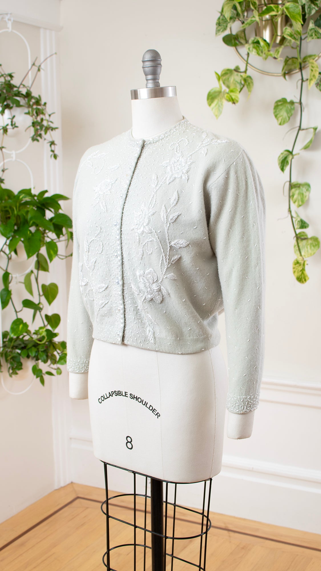1950s Beaded Light Blue Wool Cardigan | medium/large