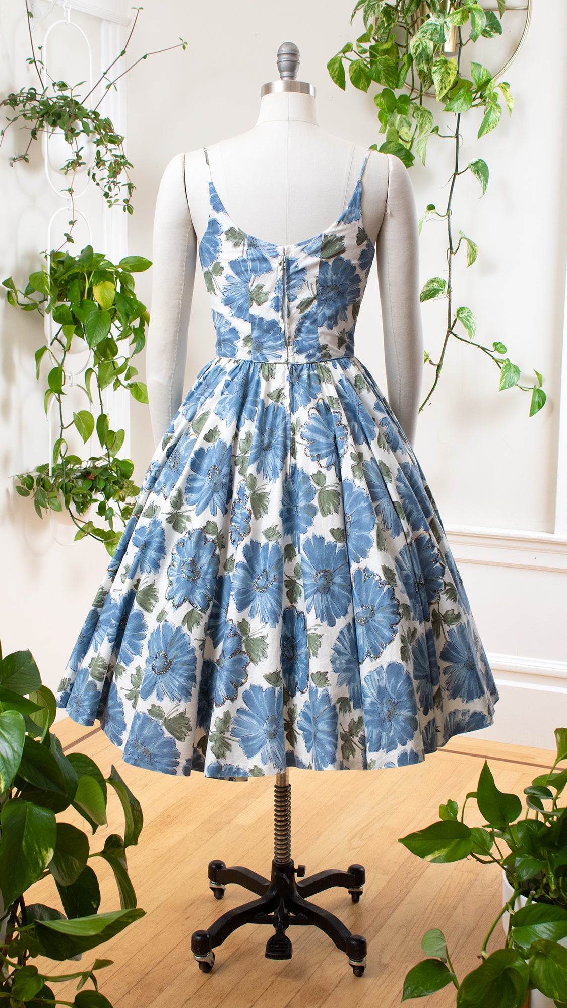 1950s Blue Floral Circle Skirt Sundress | small