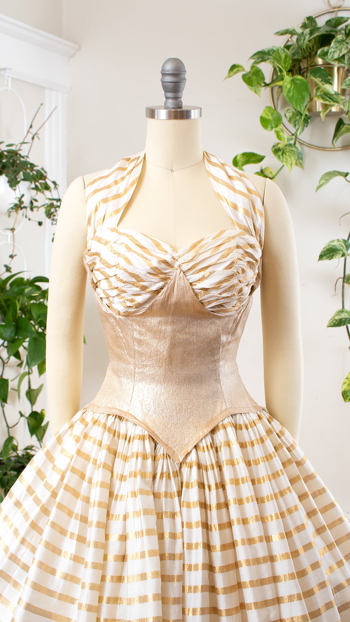 NEW ⭐️ 1950s Gold Lamé Striped Halter Gown | x-small