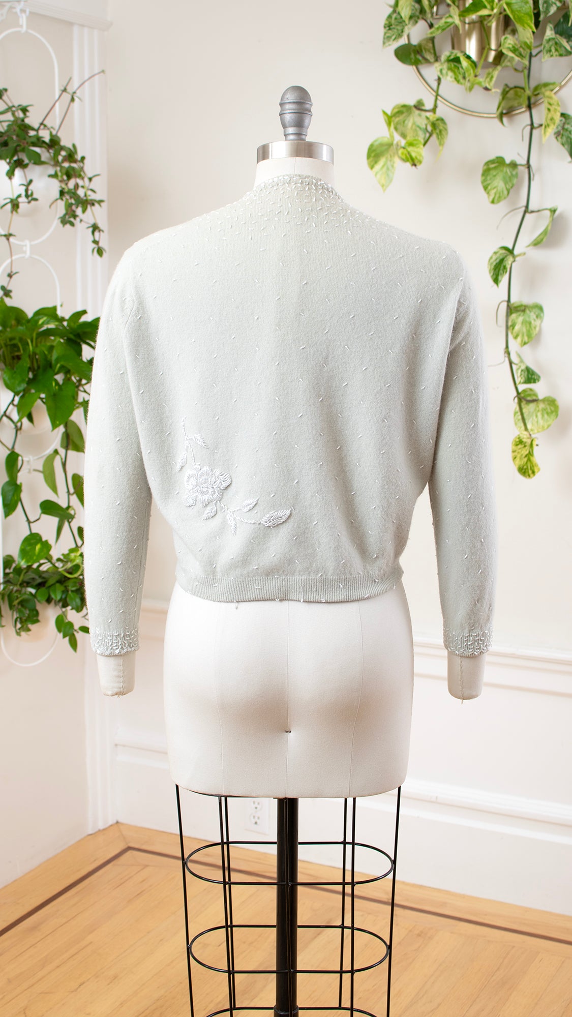 1950s Beaded Light Blue Wool Cardigan | medium/large
