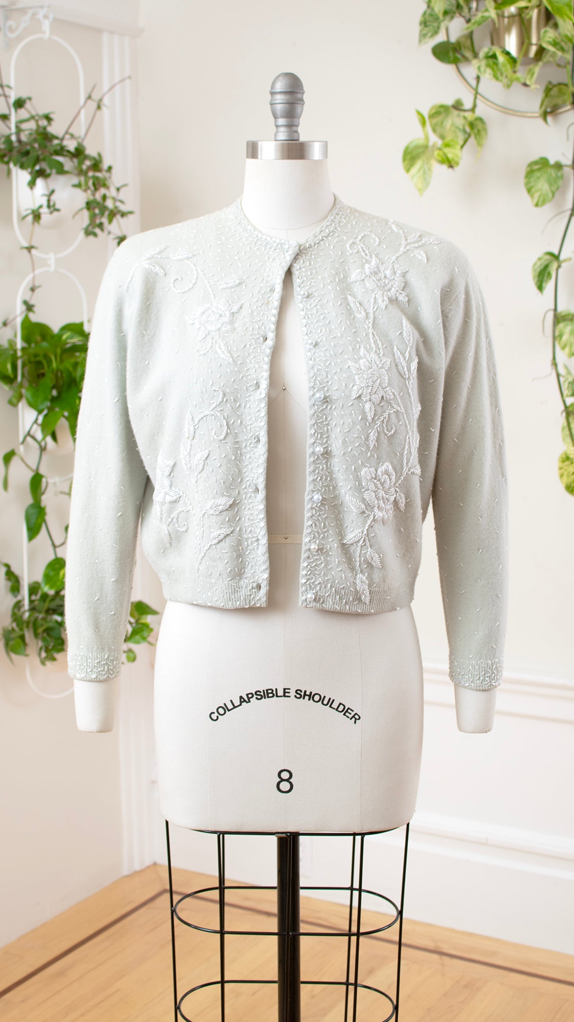 1950s Beaded Light Blue Wool Cardigan | medium/large