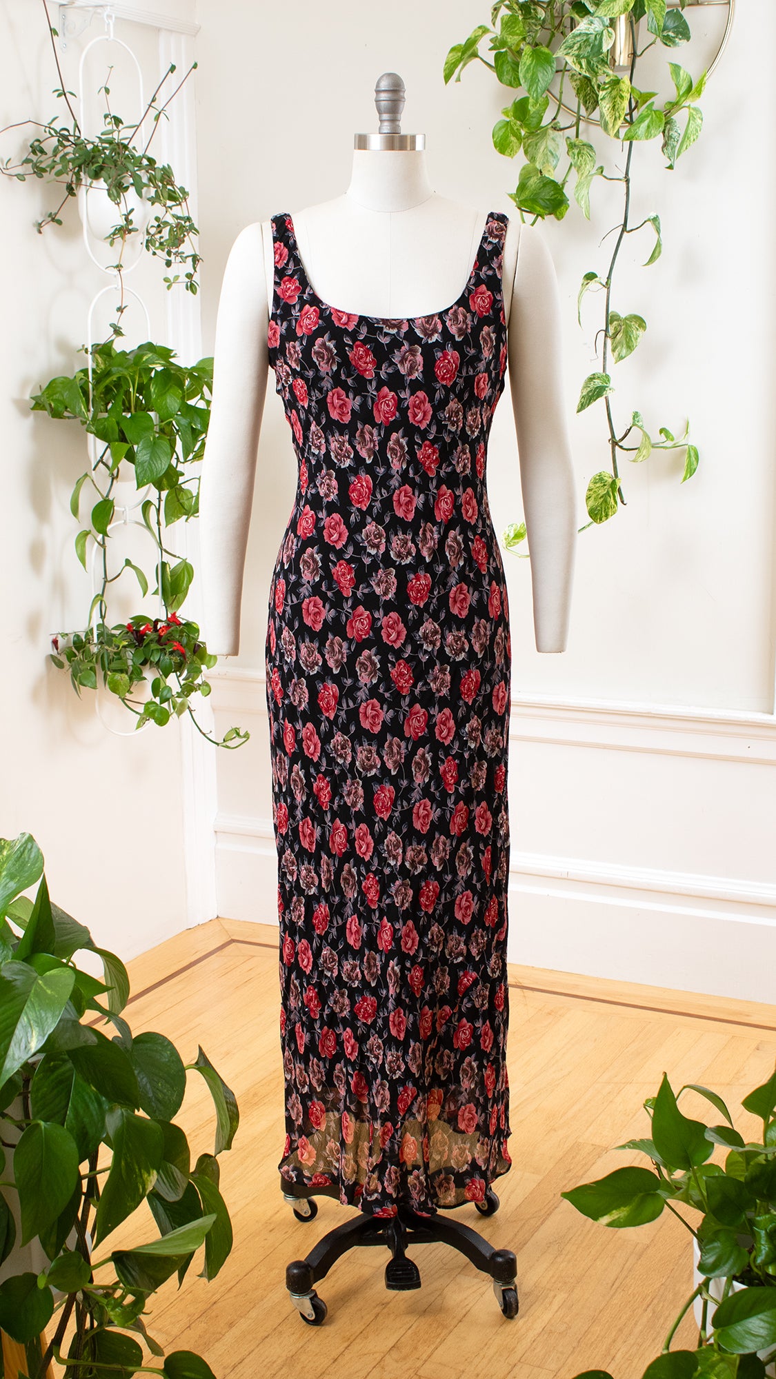 2000s Beaded Bias Cut Rose Print Maxi Dress | small/medium/large