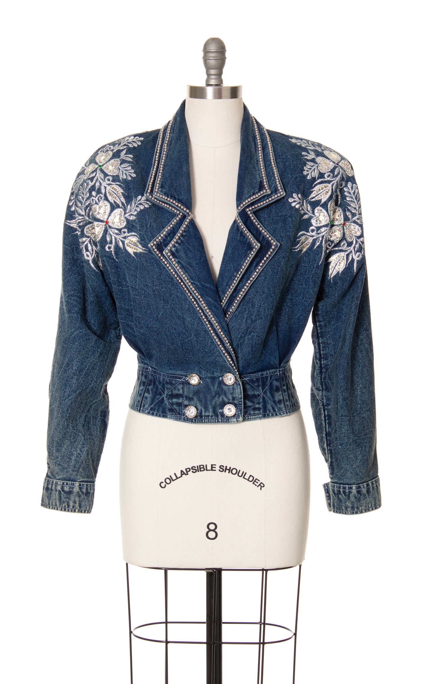 1980s Floral Embroidered Rhinestone Cropped Denim Jacket | medium/large