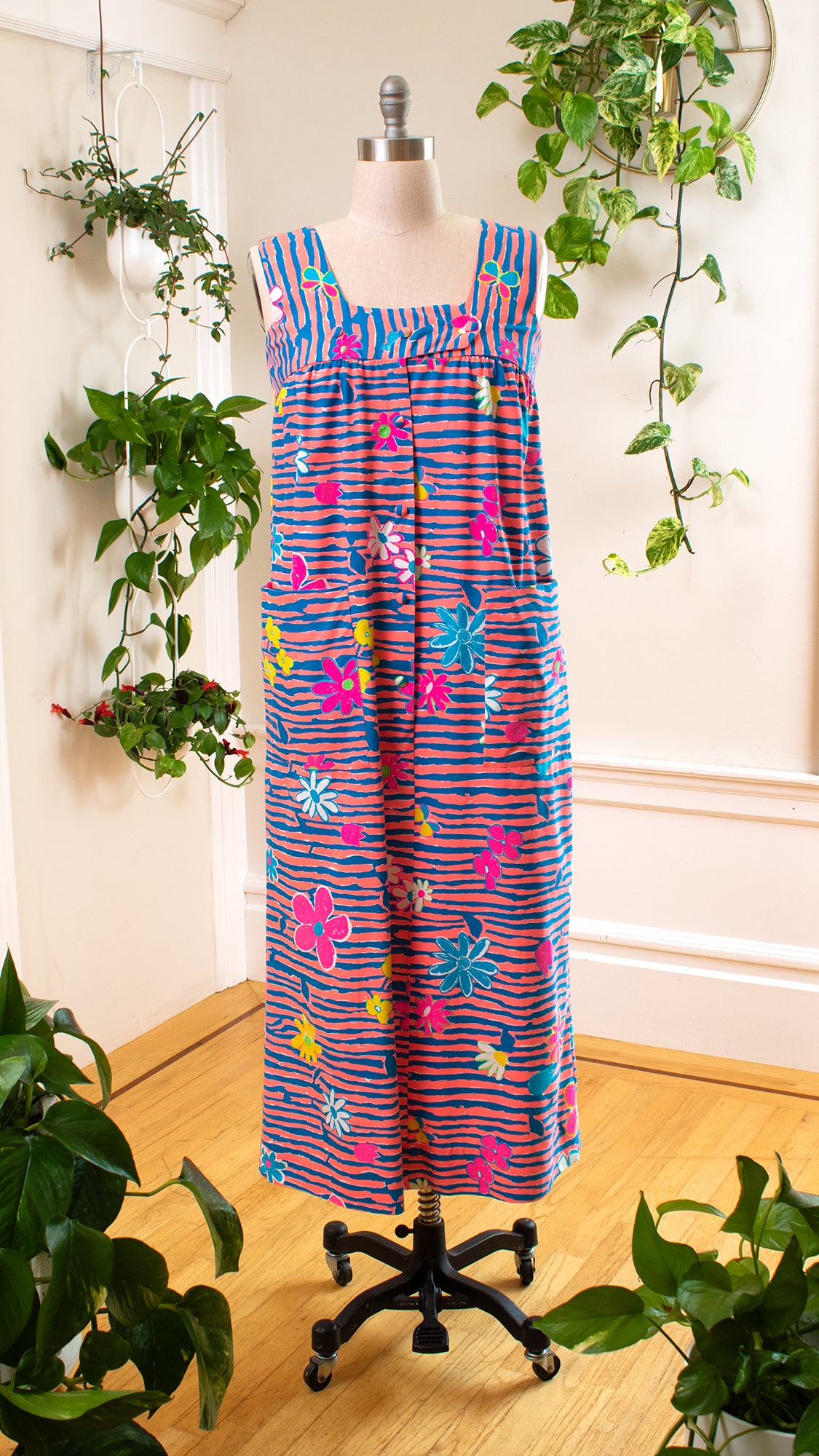1960s 1970s Hawaiian Floral Striped Shirtwaist Maxi Dress | medium/large