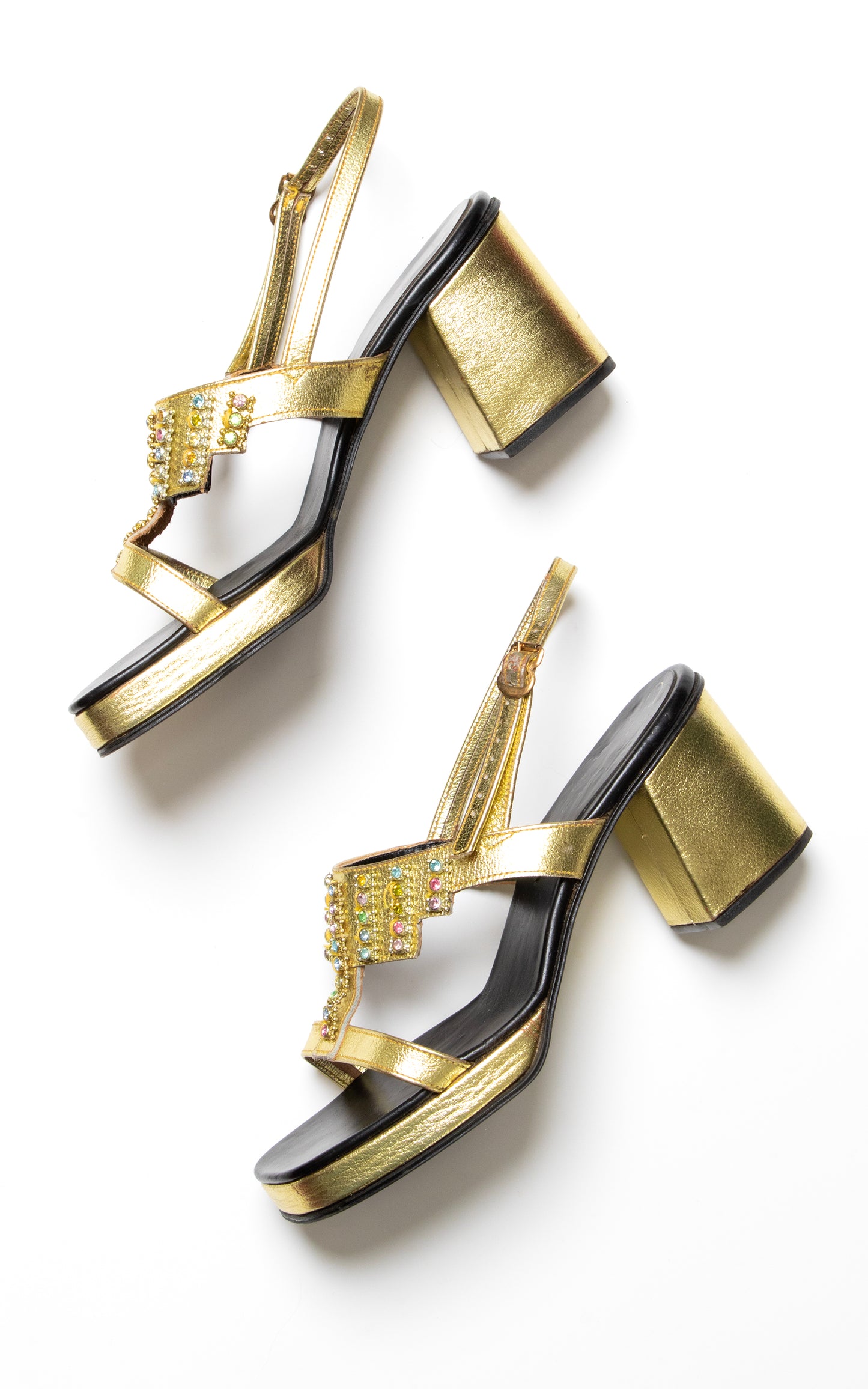 1960s Rhinestone Jeweled Gold Platform Sandals | size US 6