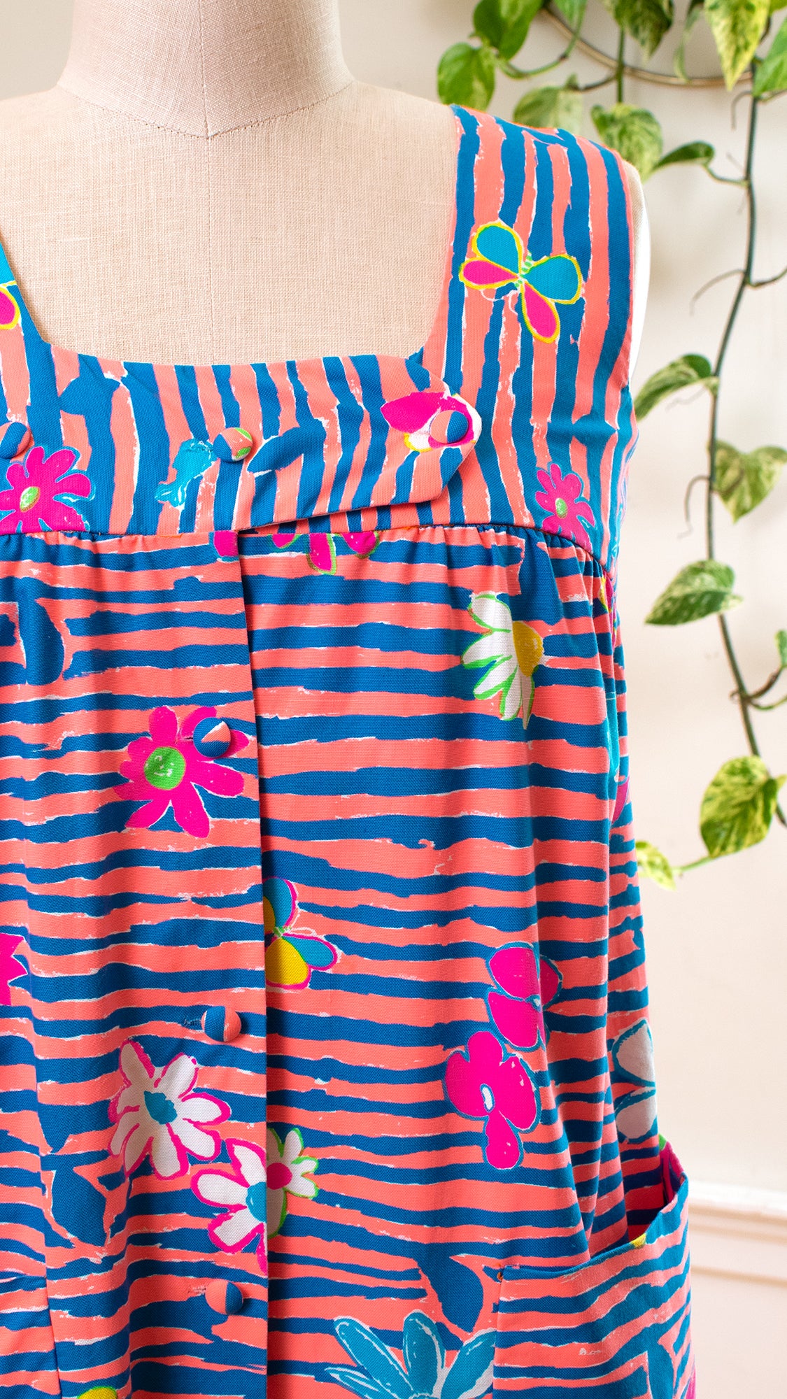 1960s 1970s Hawaiian Floral Striped Shirtwaist Maxi Dress | medium/large