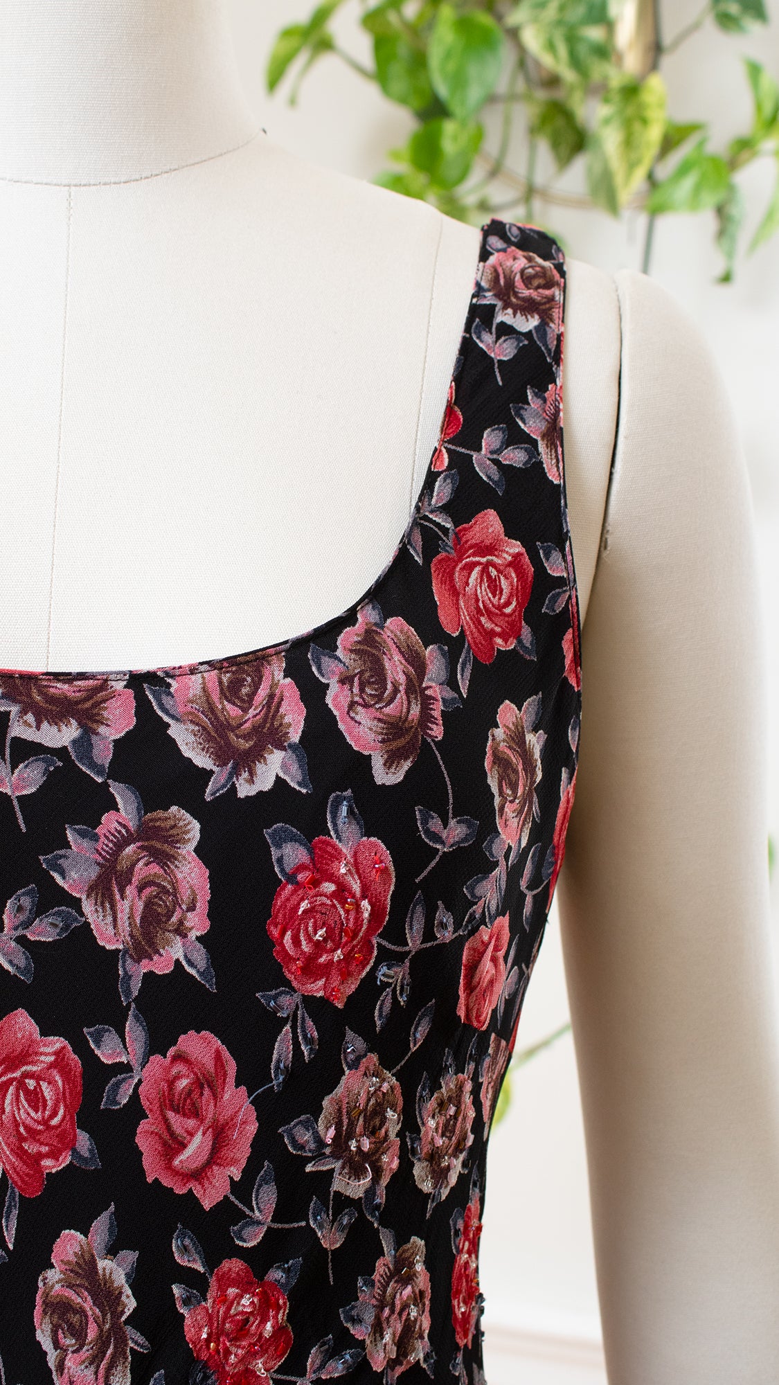 2000s Beaded Bias Cut Rose Print Maxi Dress | small/medium/large