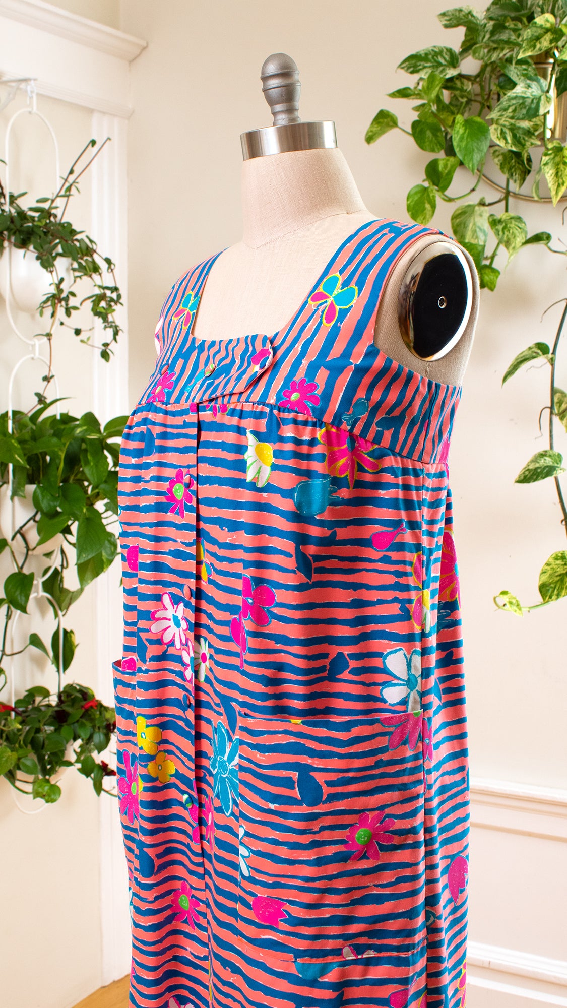 1960s 1970s Hawaiian Floral Striped Shirtwaist Maxi Dress | medium/large