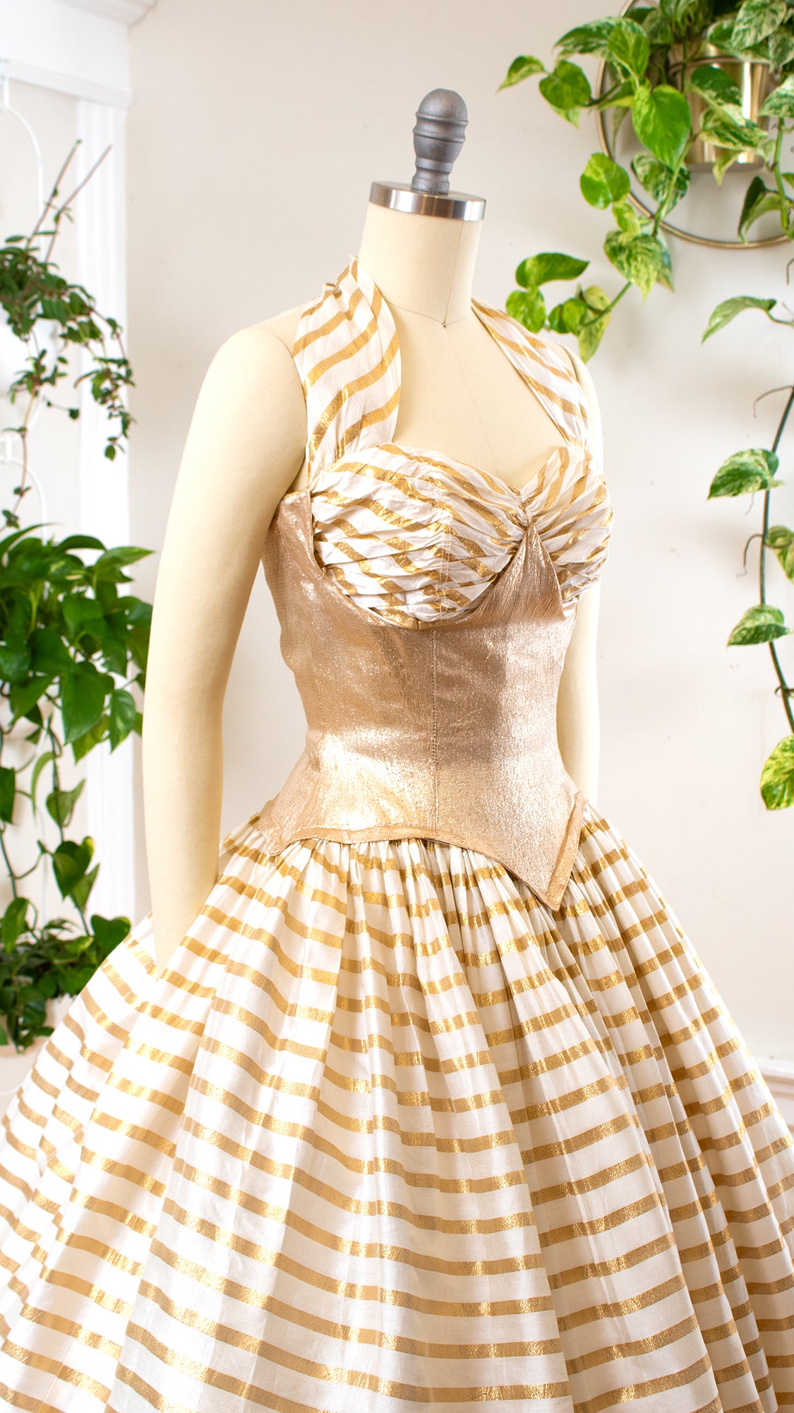 NEW ⭐️ 1950s Gold Lamé Striped Halter Gown | x-small
