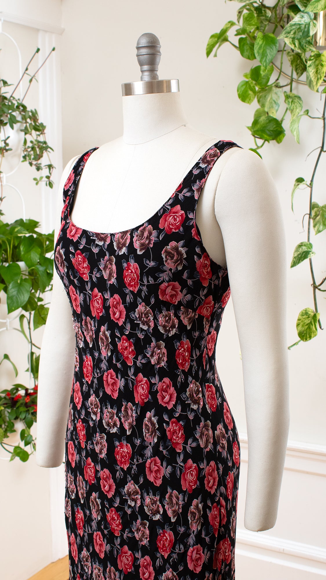 2000s Beaded Bias Cut Rose Print Maxi Dress | small/medium/large