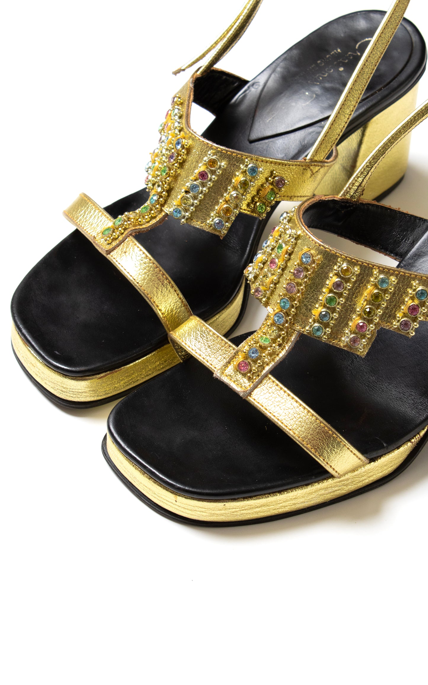 1960s Rhinestone Jeweled Gold Platform Sandals | size US 6