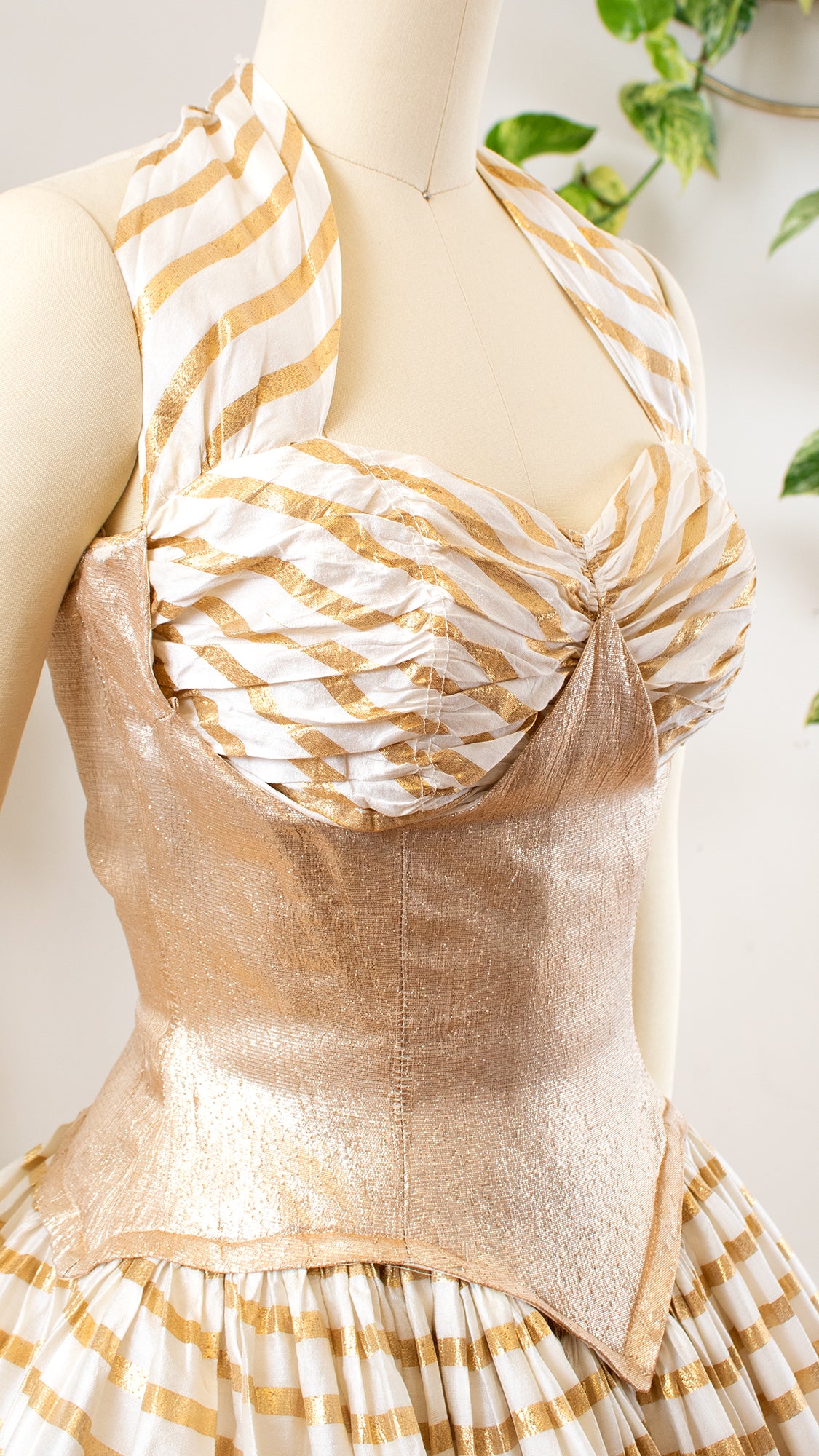 NEW ⭐️ 1950s Gold Lamé Striped Halter Gown | x-small