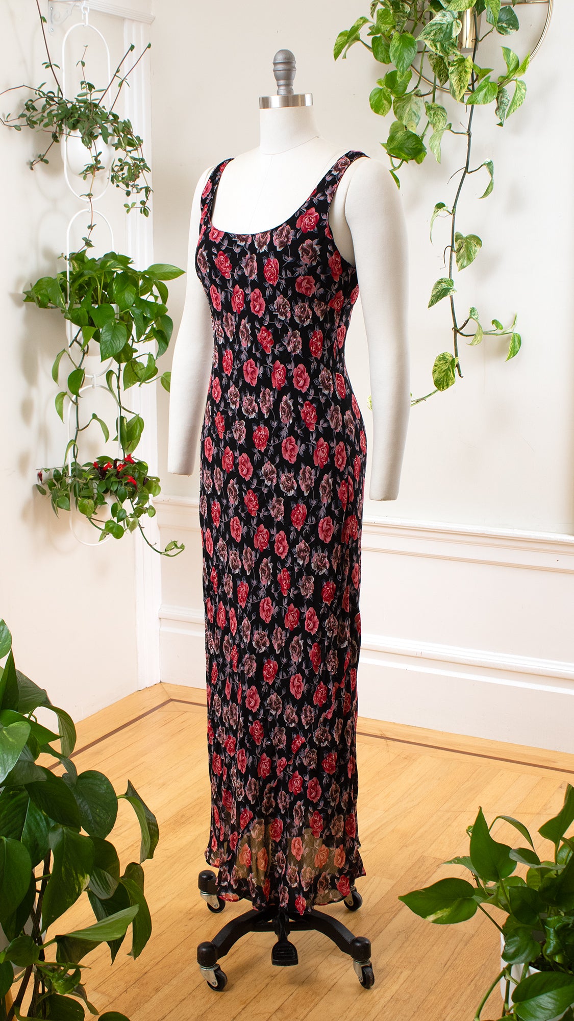 2000s Beaded Bias Cut Rose Print Maxi Dress | small/medium/large