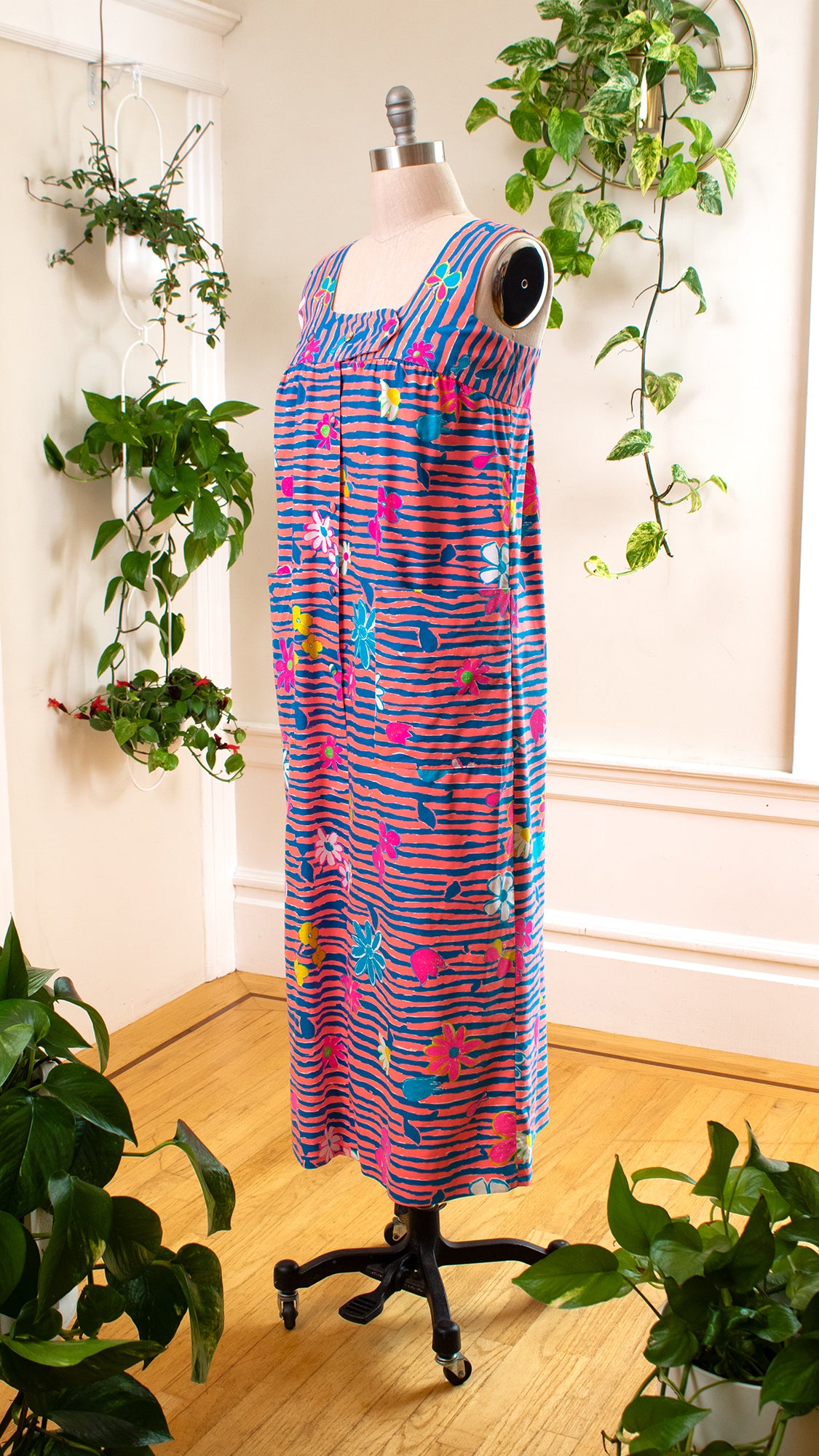 1960s 1970s Hawaiian Floral Striped Shirtwaist Maxi Dress | medium/large