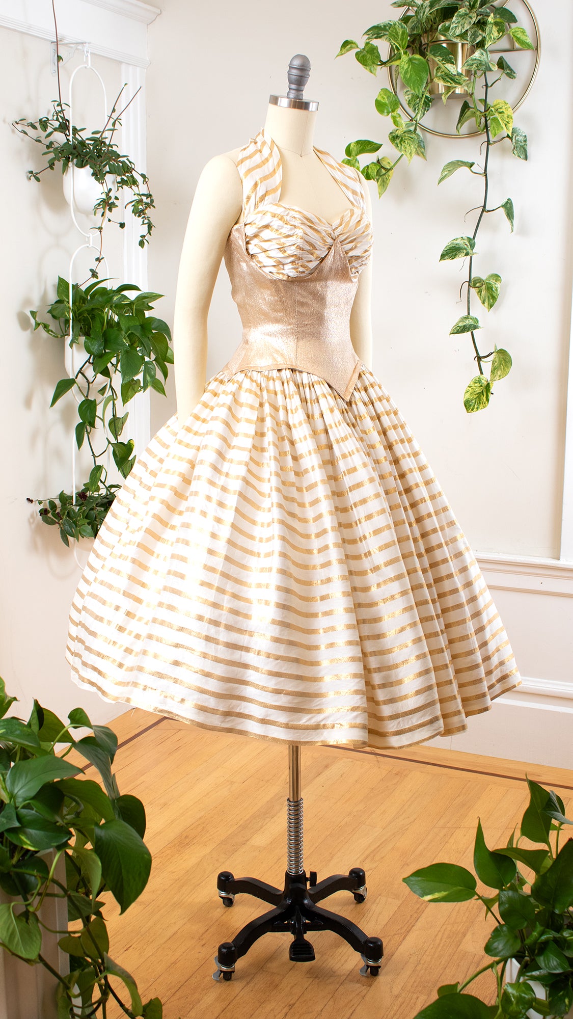 NEW ⭐️ 1950s Gold Lamé Striped Halter Gown | x-small