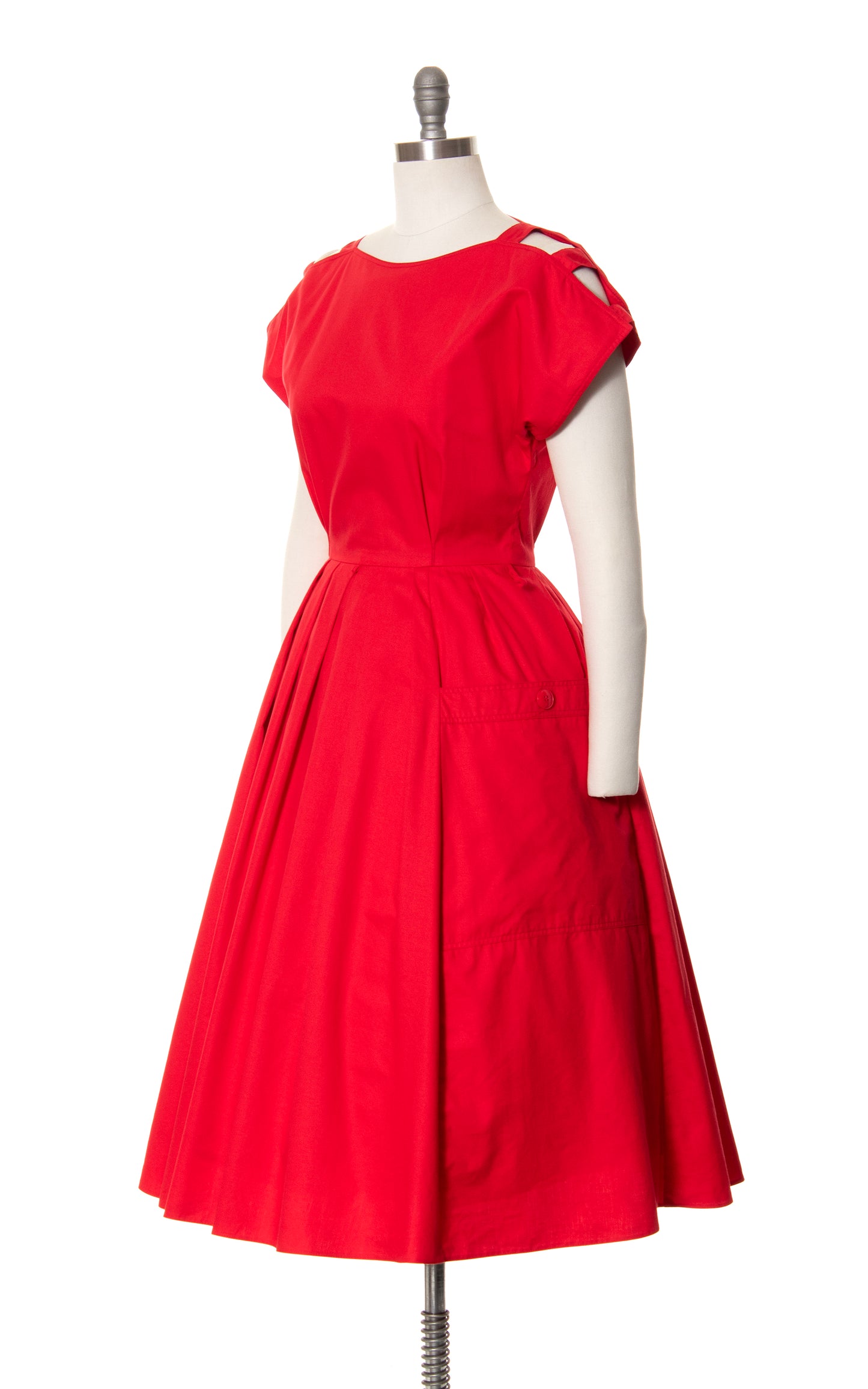 1980s does 1950s Cutout Shoulder Day Dress with Giant Pockets |