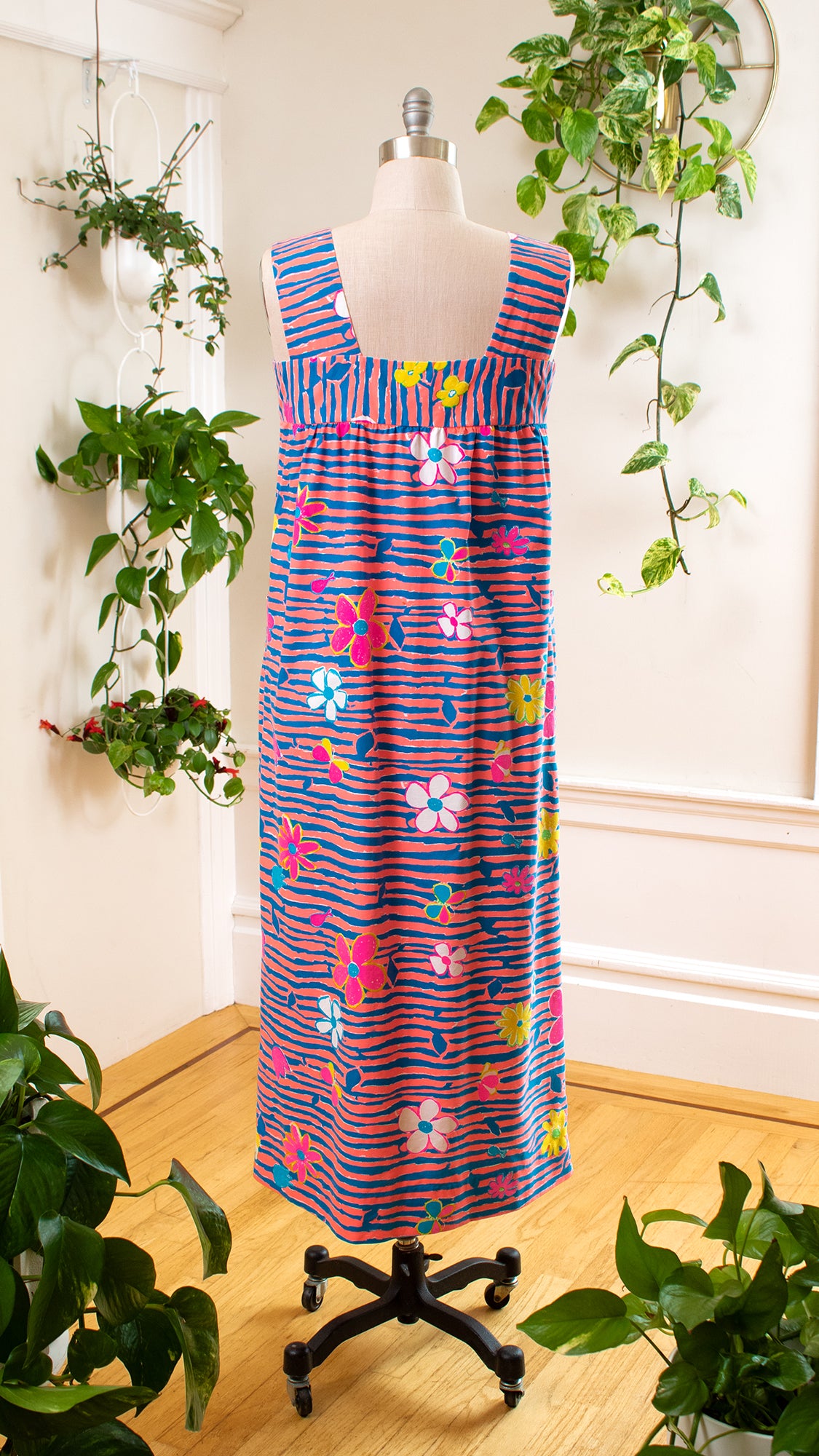 1960s 1970s Hawaiian Floral Striped Shirtwaist Maxi Dress | medium/large