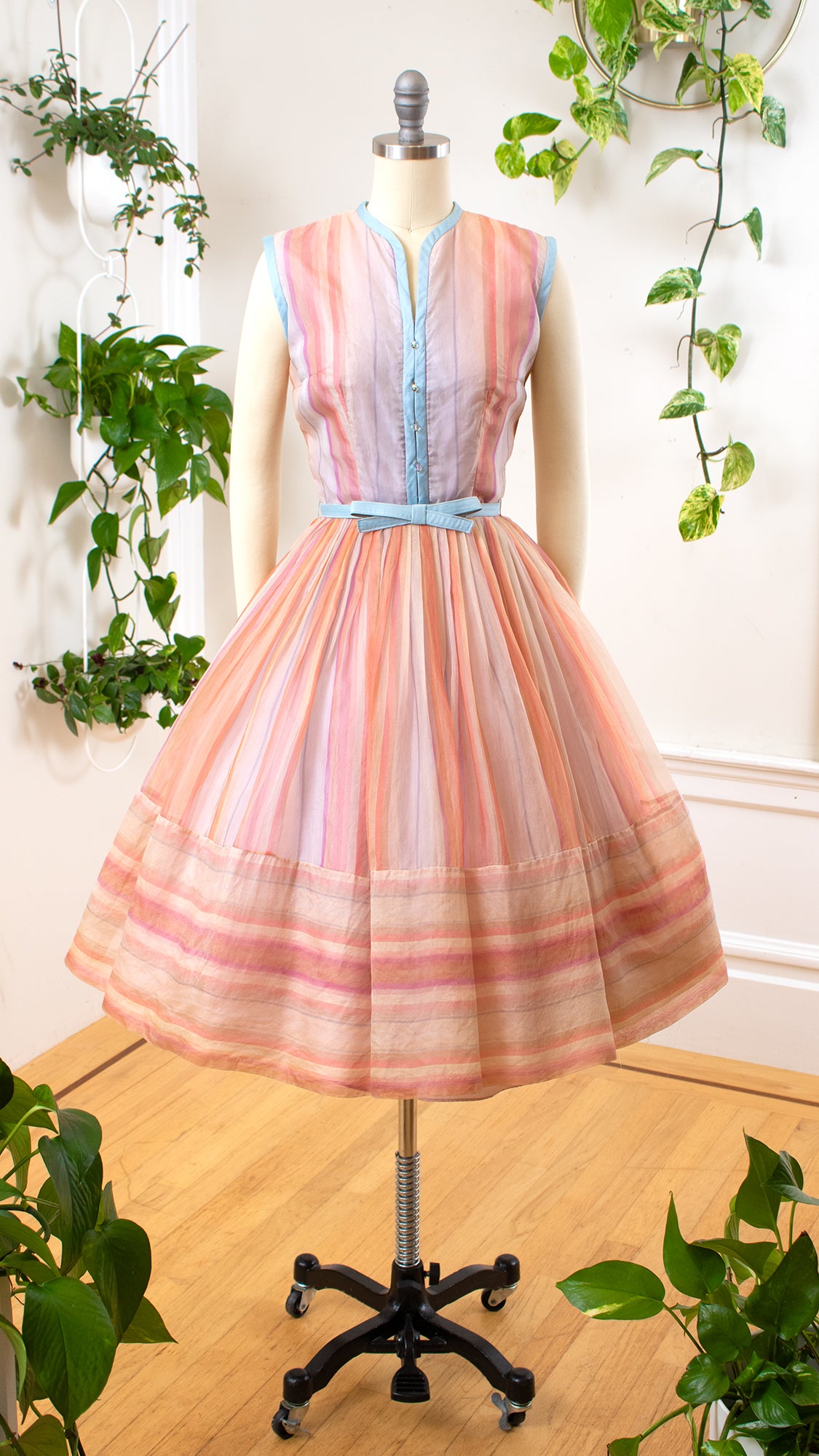 1950s Pastel Striped Organdy Dress | x-small
