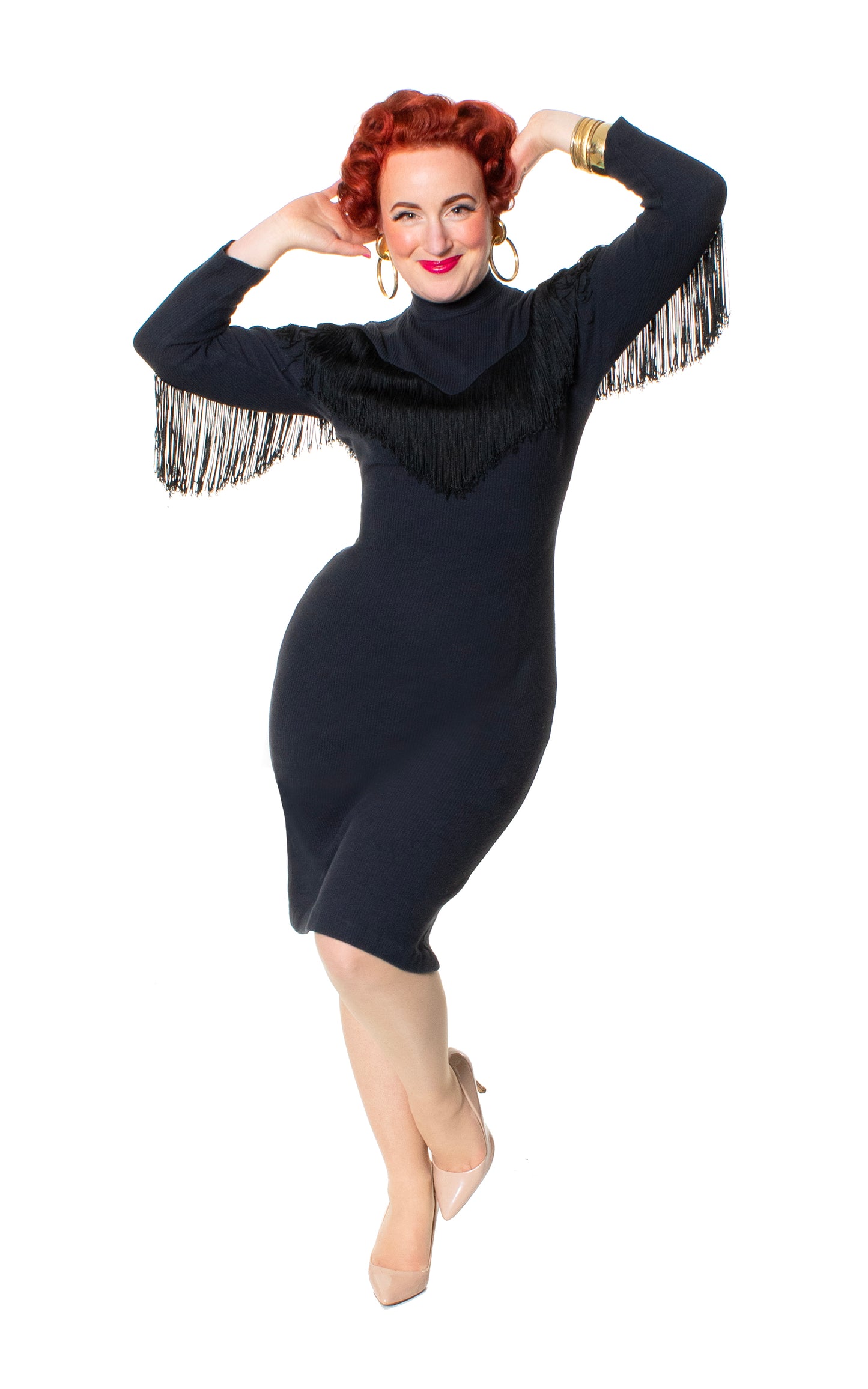 1990s Fringe Black Jersey Wiggle Dress | x-small/small/medium