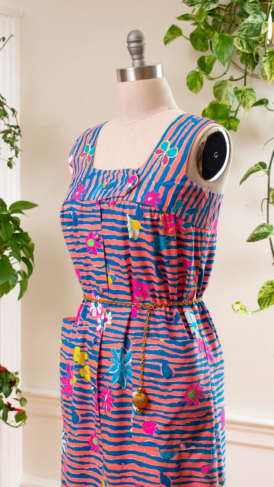1960s 1970s Hawaiian Floral Striped Shirtwaist Maxi Dress | medium/large