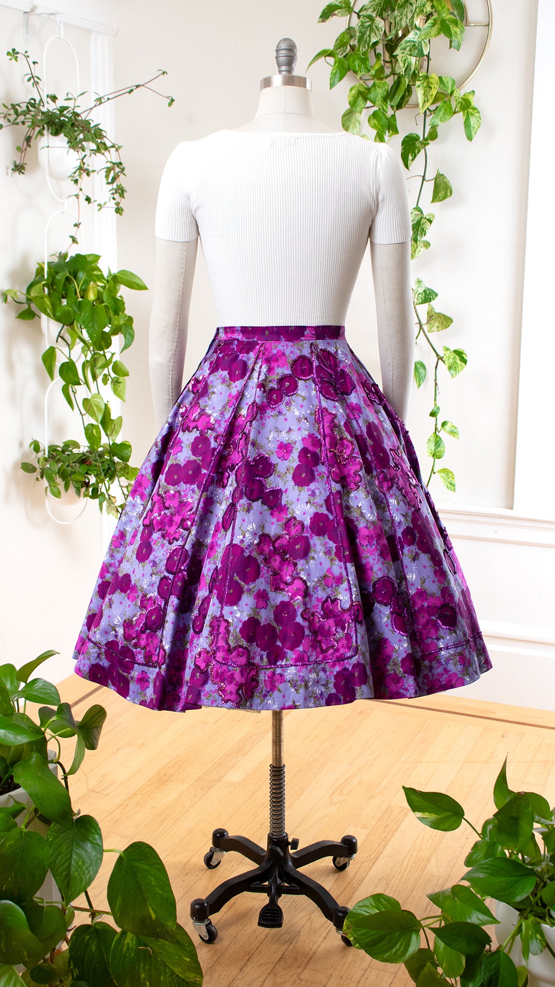 1950s Sequin Floral Cotton Circle Skirt | small