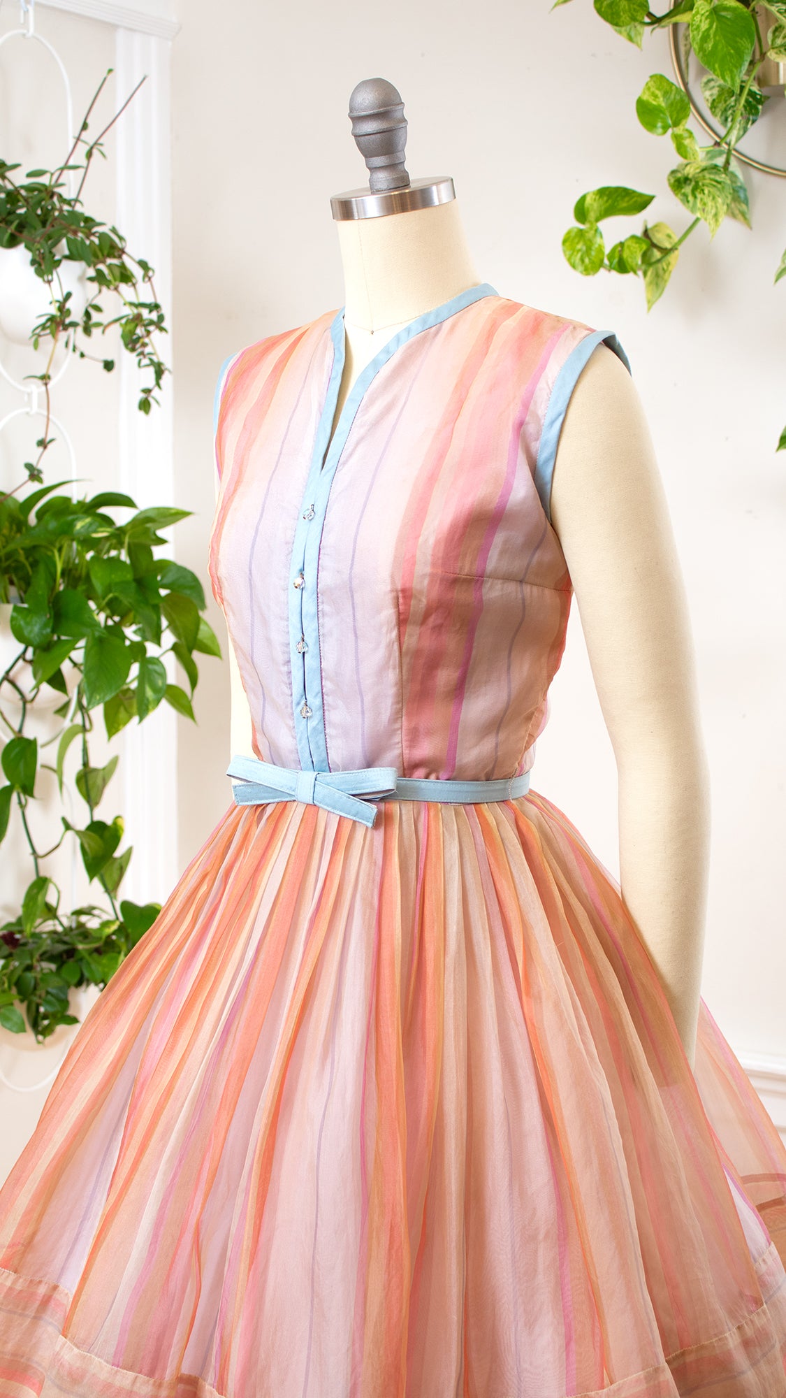 1950s Pastel Striped Organdy Dress | x-small